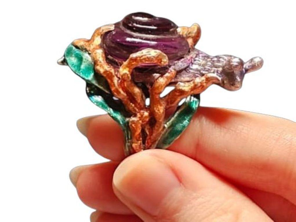 Taglio misto Anello Cocktail in argento 960 con gemma ametista e smalto a caldo di Konforti Jewelry in vendita