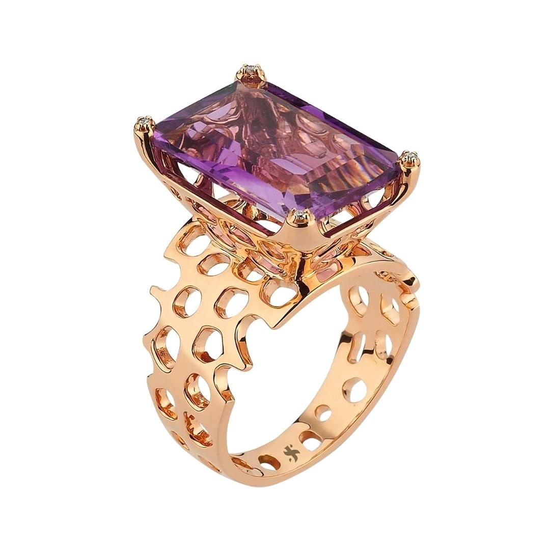 Amethyst Waves Ring in 14 Karat Rose Gold with White Diamond For Sale