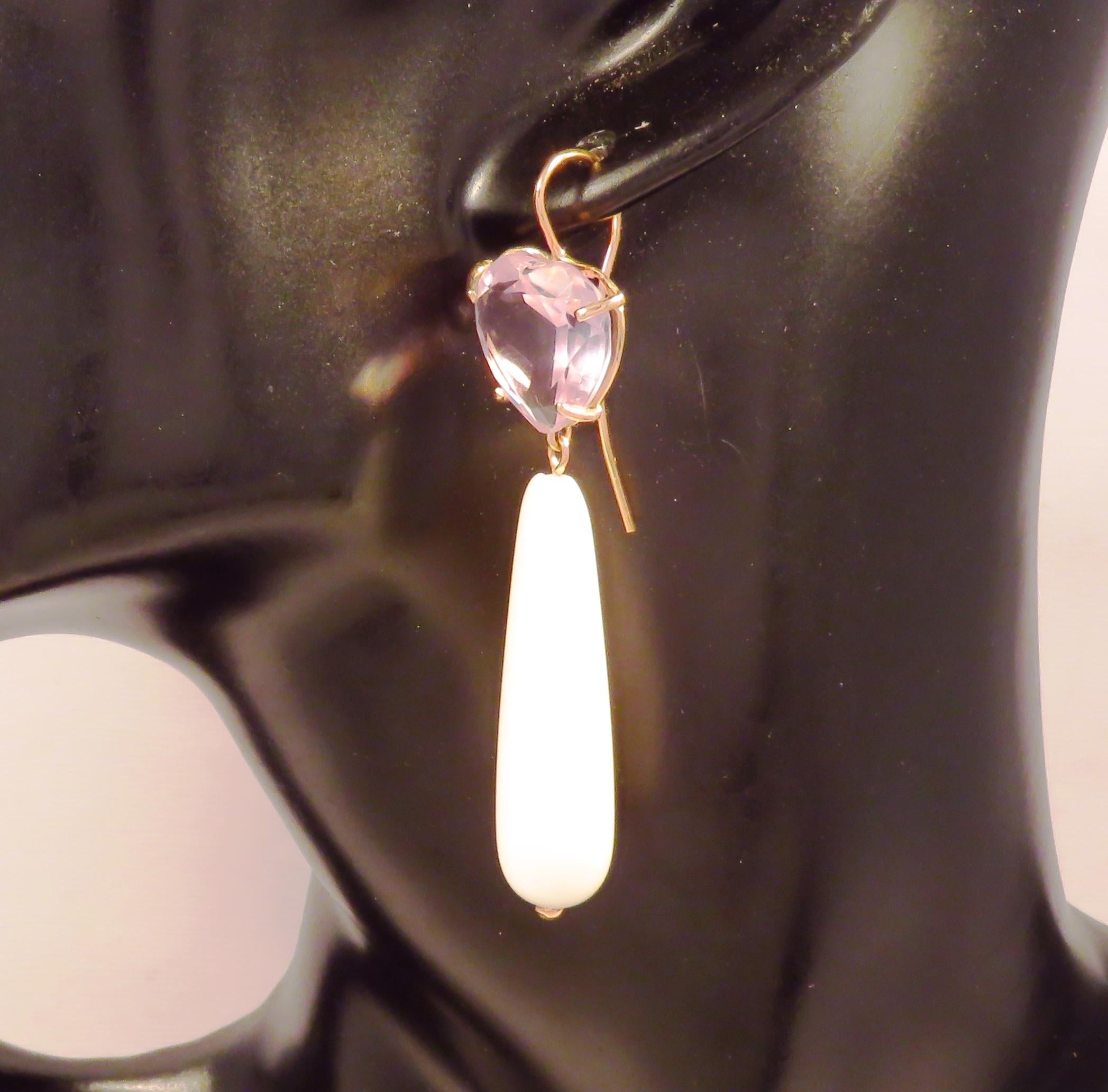 Contemporary Amethyst White Agate 9 Karat Rose Gold Drop Earrings Handcrafted in Italy For Sale