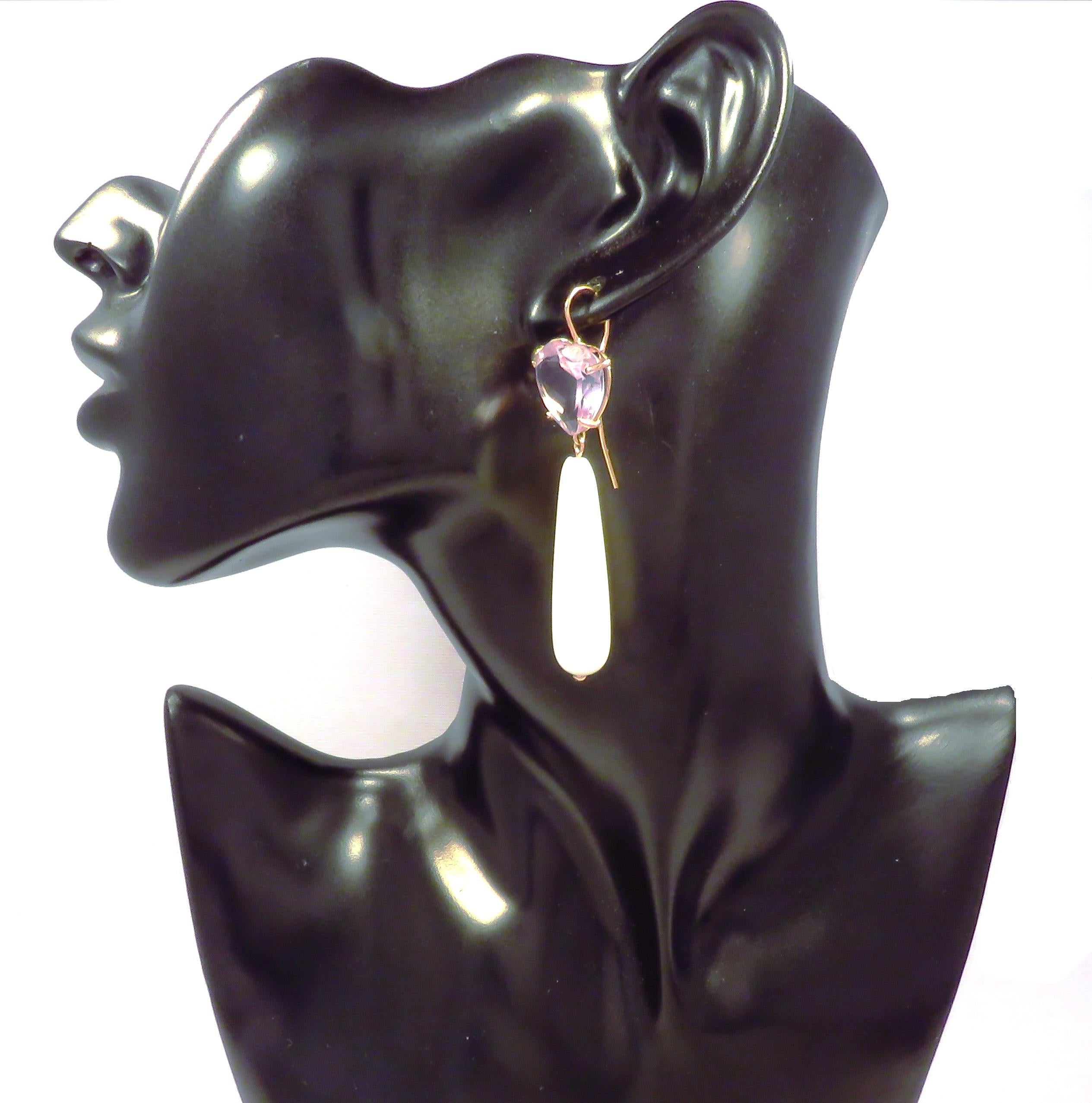 Heart Cut Amethyst White Agate 9 Karat Rose Gold Drop Earrings Handcrafted in Italy For Sale