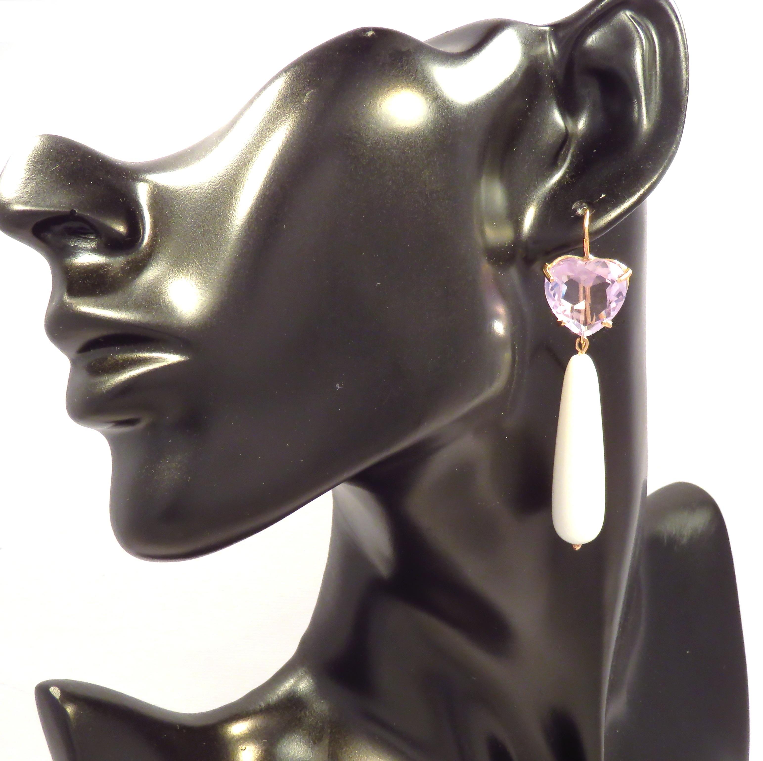 Amethyst White Agate 9 Karat Rose Gold Drop Earrings Handcrafted in Italy In New Condition For Sale In Milano, IT