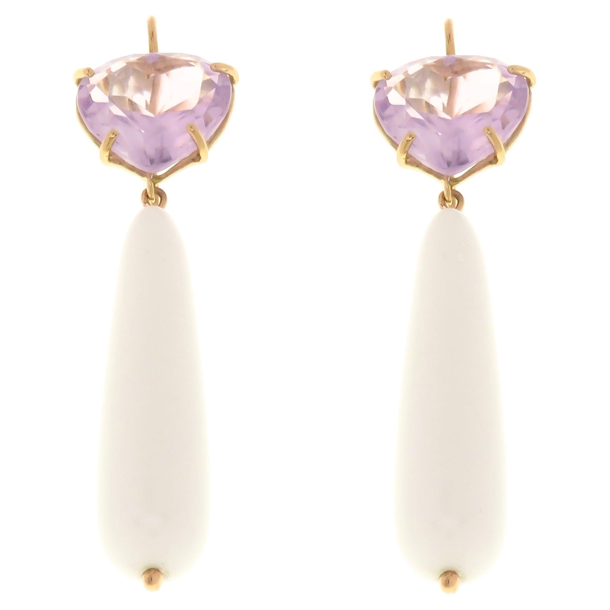 Amethyst White Agate 9 Karat Rose Gold Drop Earrings Handcrafted in Italy