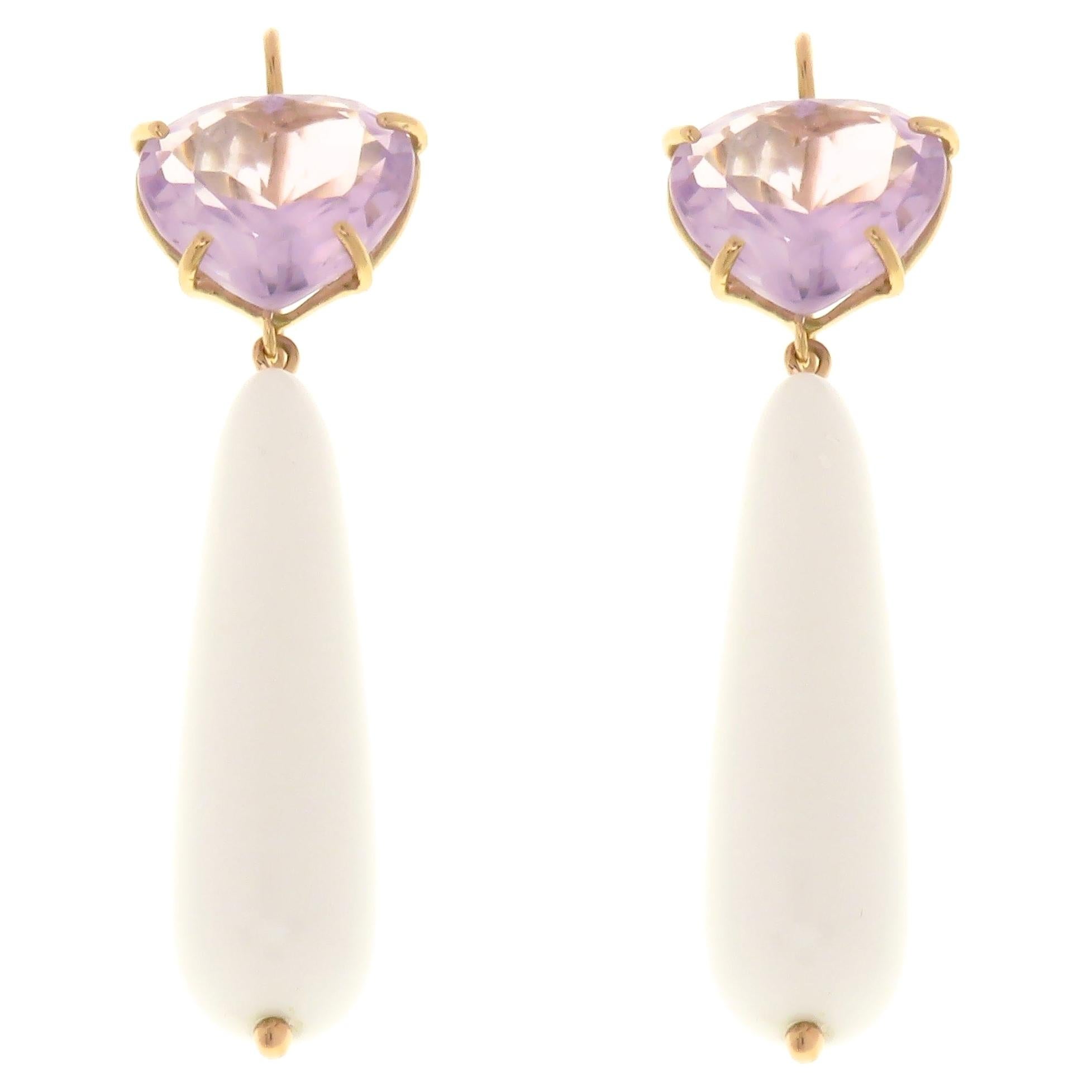 Boucles d'oreilles en goutte en or rose 9 carats avec améthyste blanche et agate, fabriquées à la main en Italie