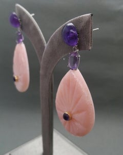 Amethyst White Gold Diamonds Engraved Pink Opal Flat Drops Earrings
