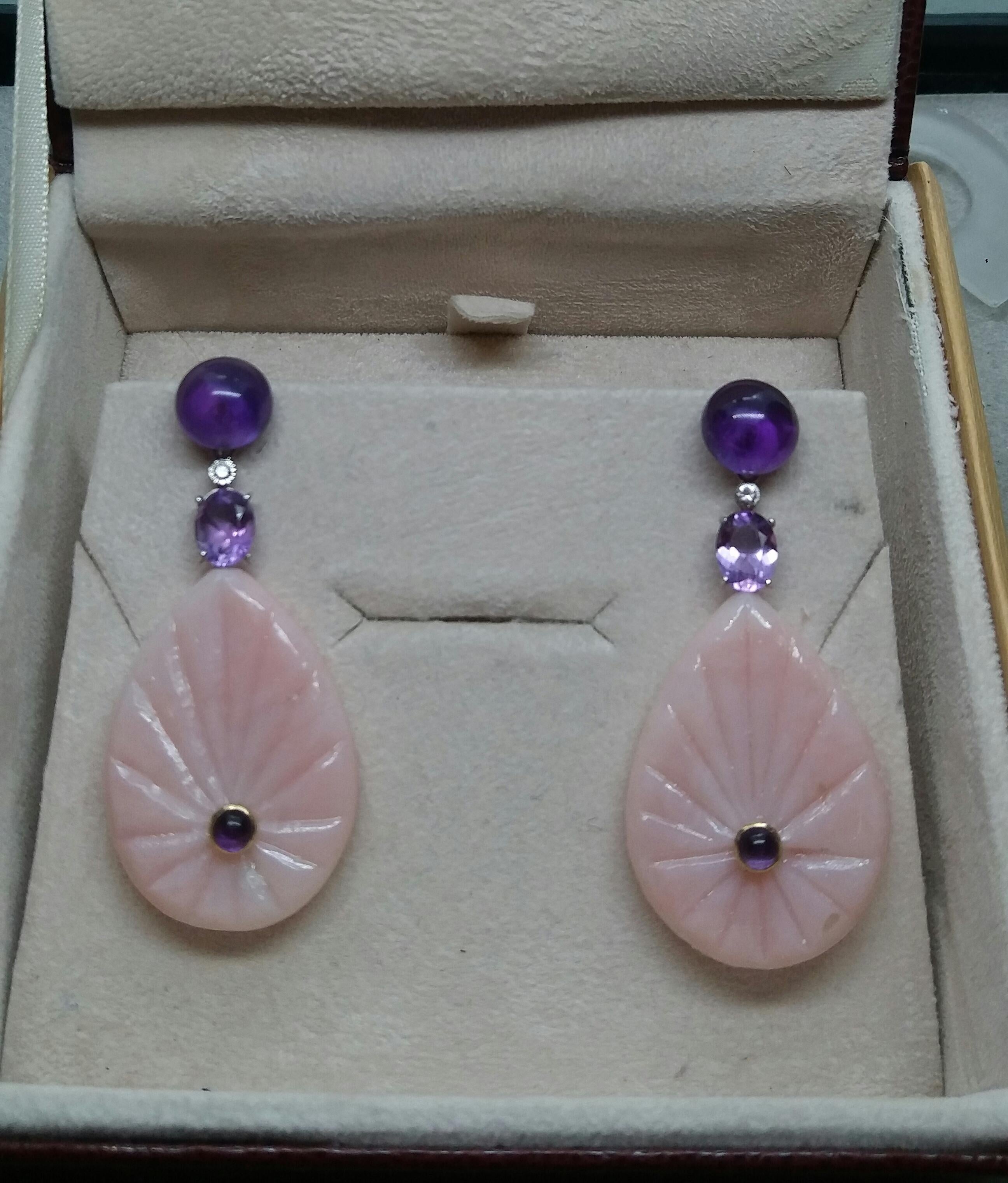 flache Tropfenohrringe mit rosa Opal, Amethyst und Diamanten in Weißgold, eingraviert im Zustand „Gut“ im Angebot in Bangkok, TH