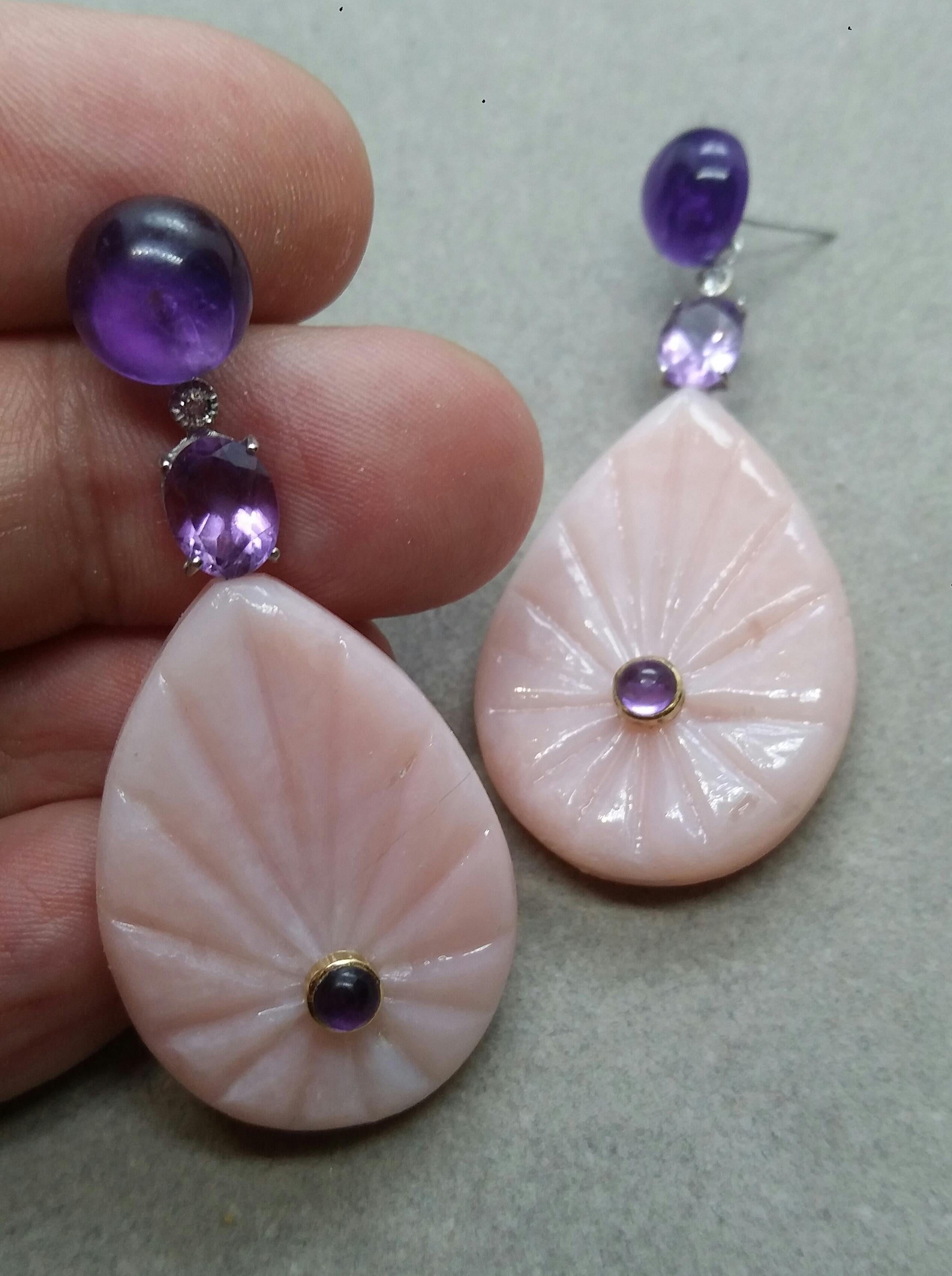 Amethyst White Gold Diamonds Engraved Pink Opal Flat Drops Earrings In Good Condition For Sale In Bangkok, TH