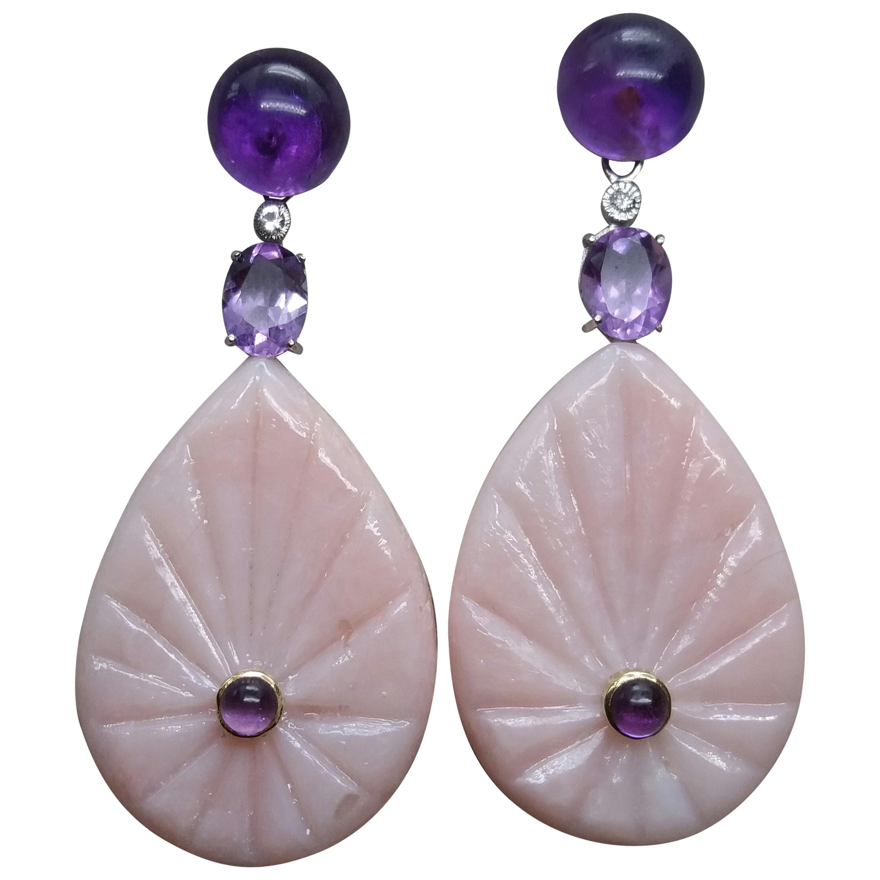 flache Tropfenohrringe mit rosa Opal, Amethyst und Diamanten in Weißgold, eingraviert im Angebot