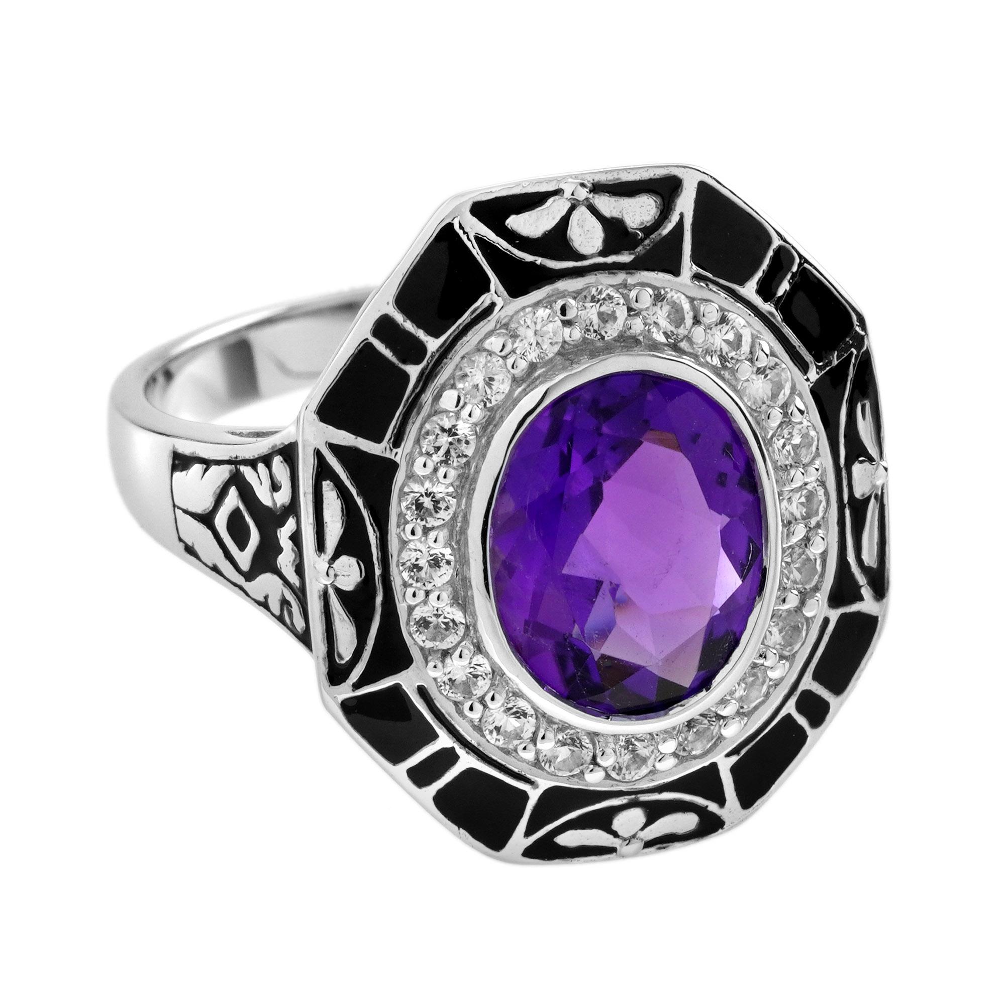 Anello Cocktail in stile antico con zaffiro bianco ametista e smalto nero in oro 9K in vendita 4