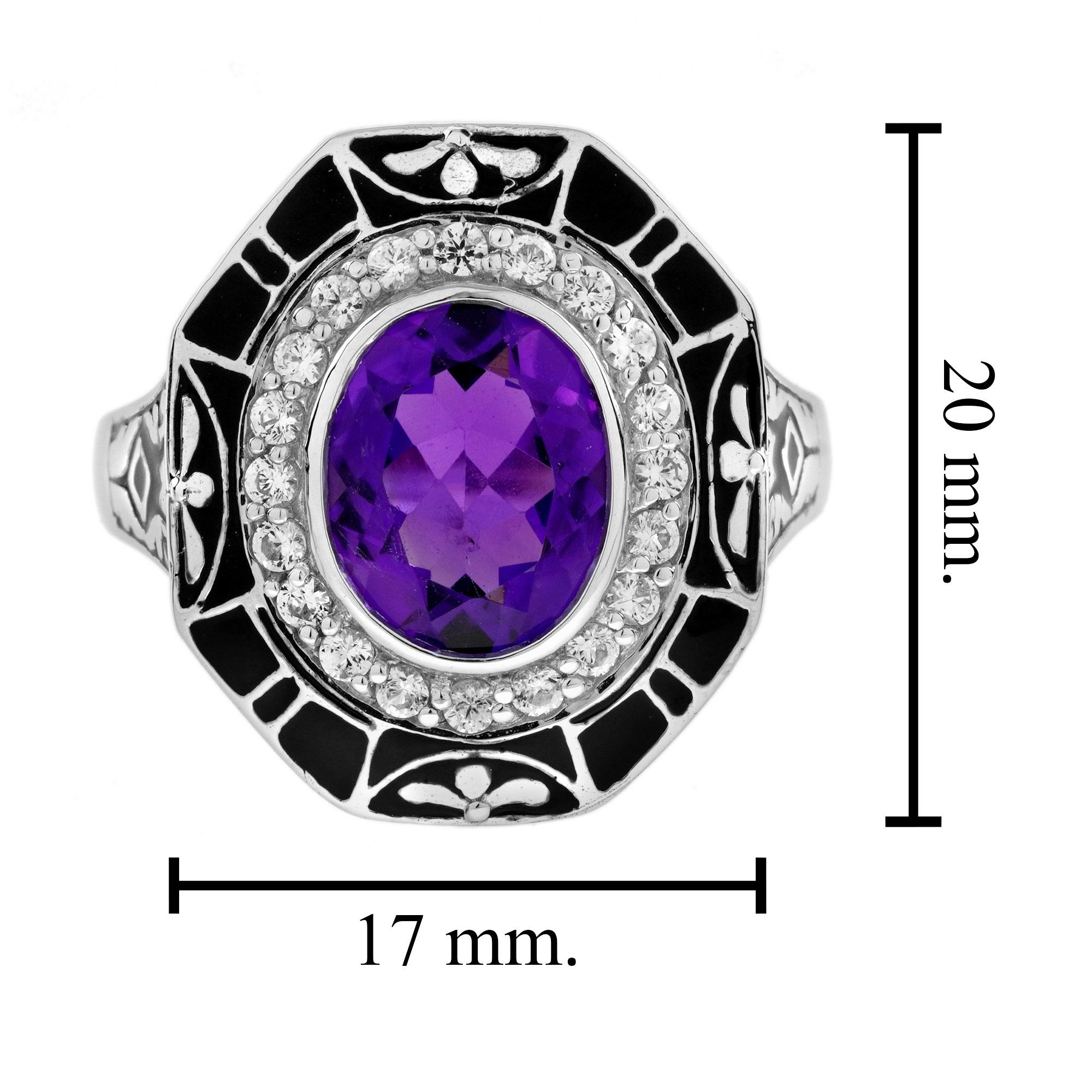 Anello Cocktail in stile antico con zaffiro bianco ametista e smalto nero in oro 9K in vendita 8