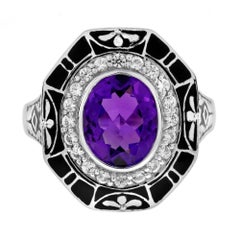 Anello Cocktail in stile antico con zaffiro bianco ametista e smalto nero in oro 9K