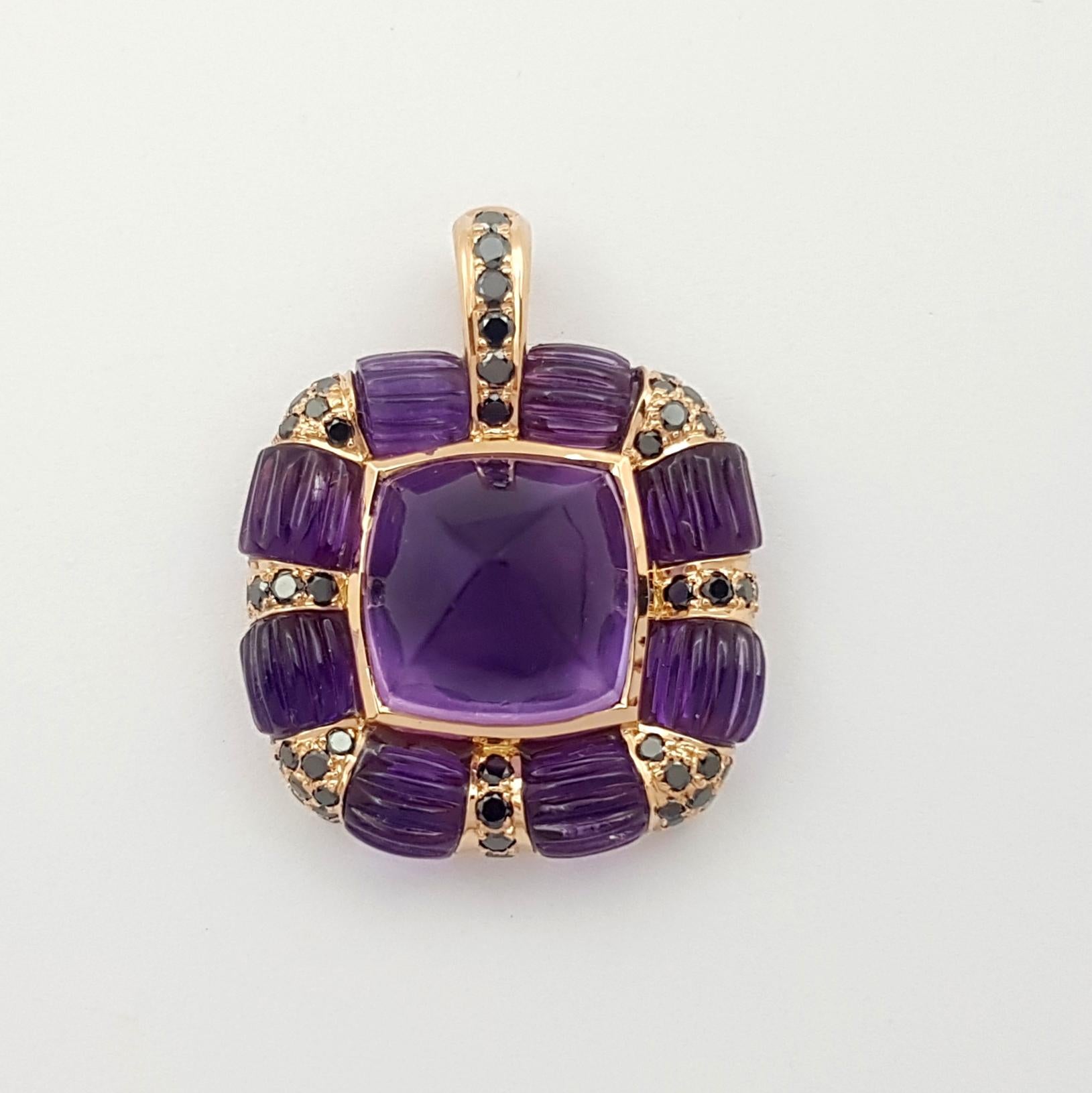 Contemporary Amethyst with Black Diamond Pendant set in 18K Rose Gold Settings For Sale