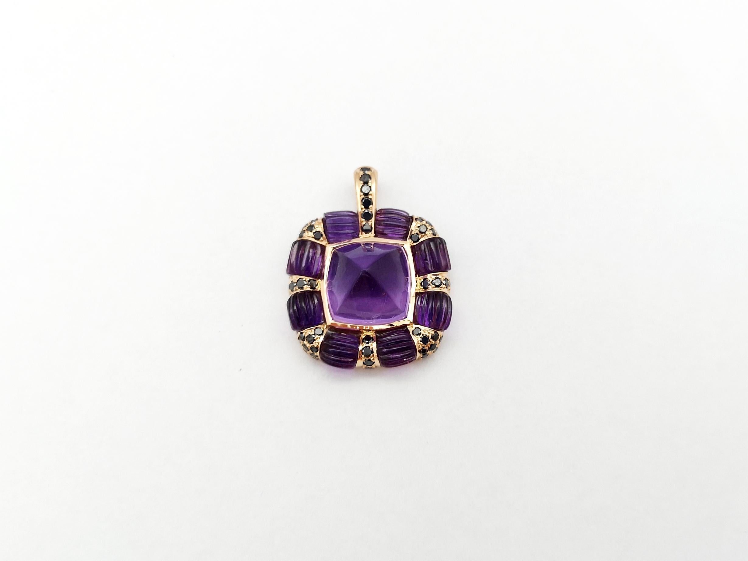 Mixed Cut Amethyst with Black Diamond Pendant set in 18K Rose Gold Settings For Sale