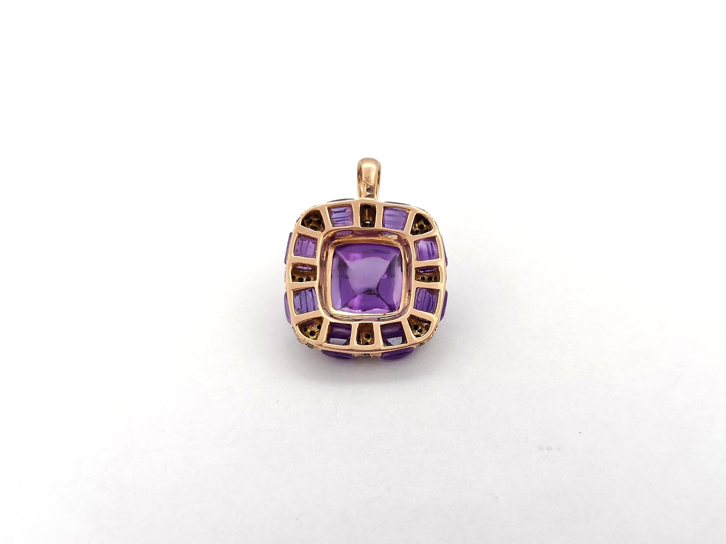 Amethyst with Black Diamond Pendant set in 18K Rose Gold Settings In New Condition For Sale In Bangkok, TH