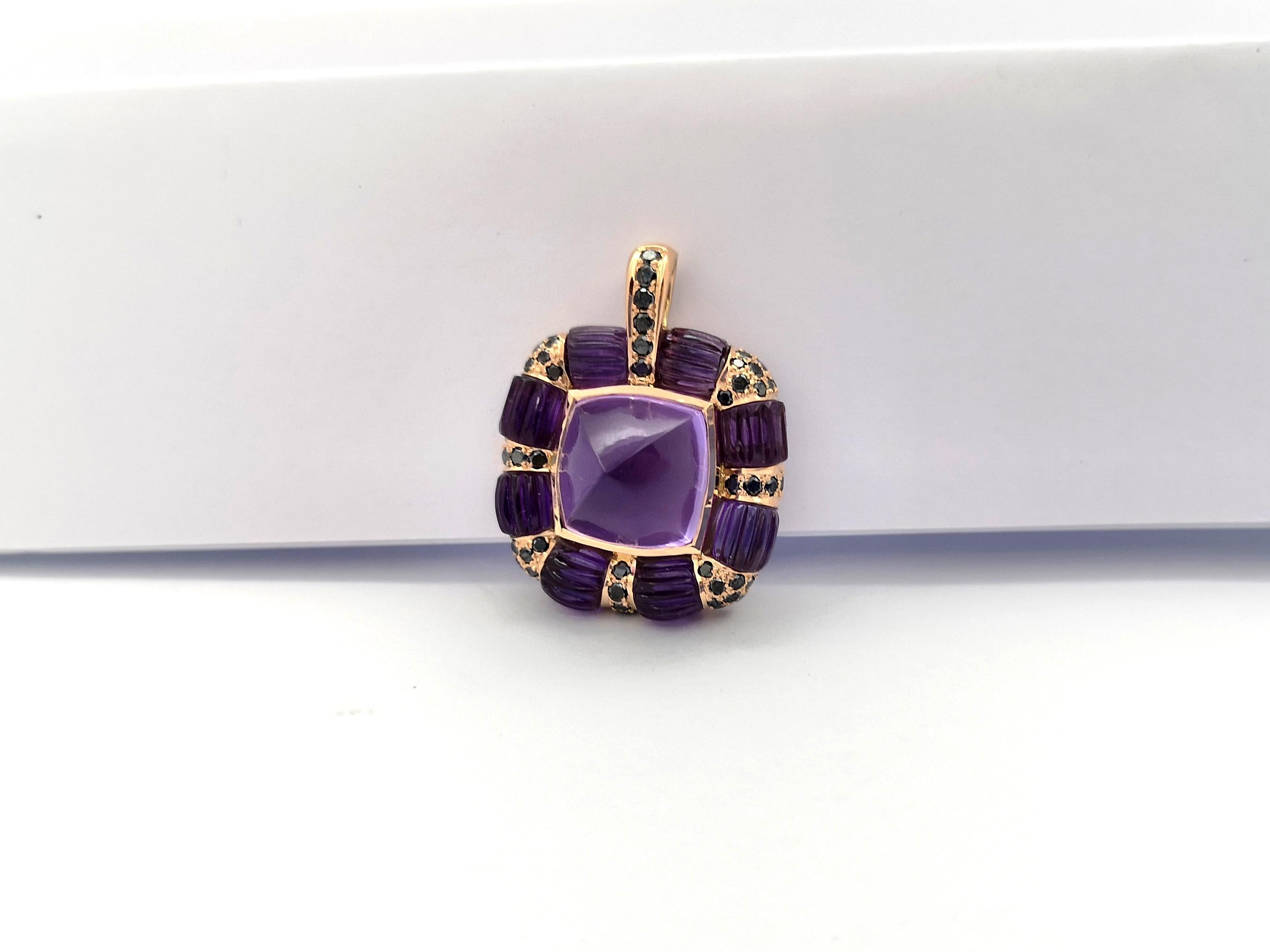 Amethyst with Black Diamond Pendant set in 18K Rose Gold Settings For Sale 3