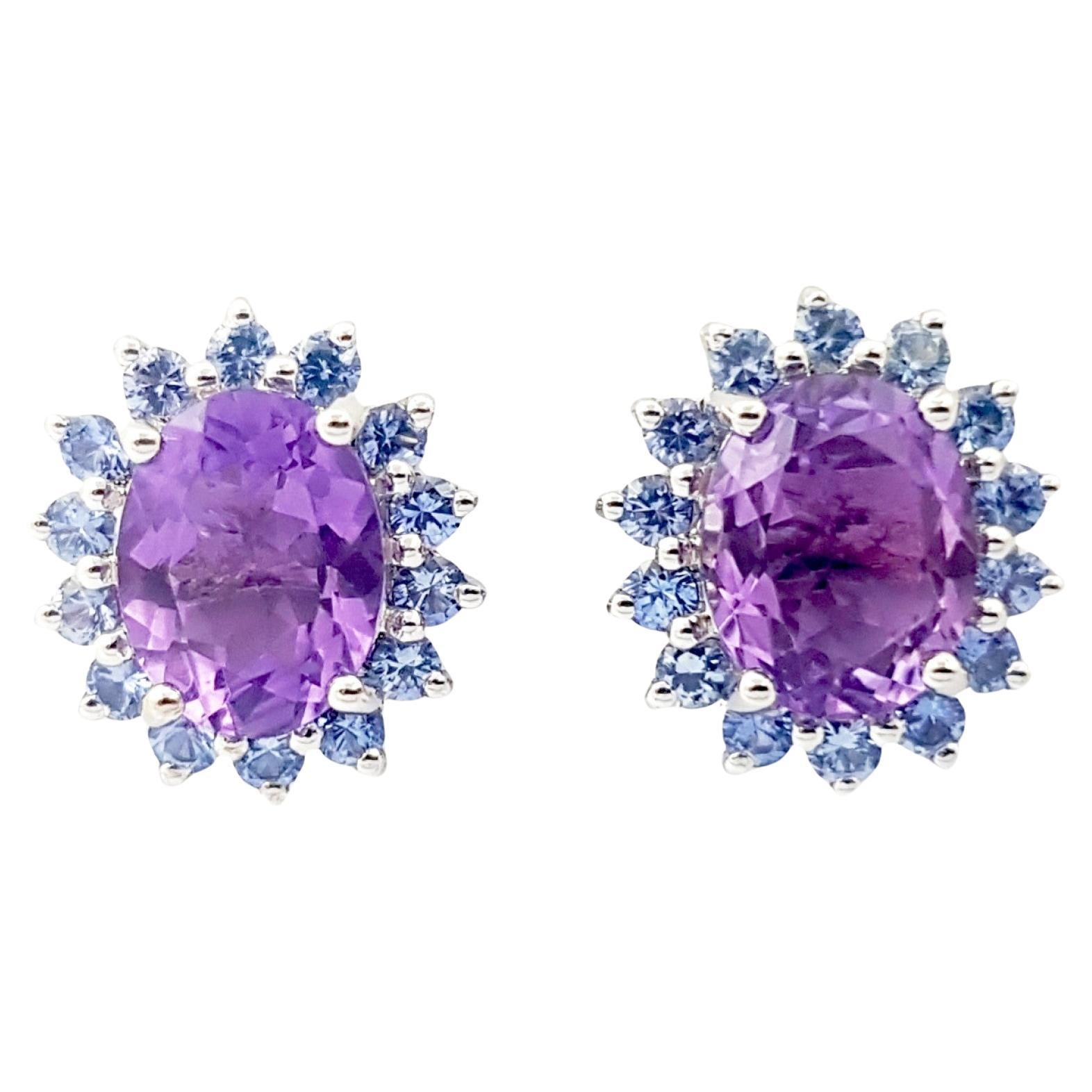 Amethyst with Blue Sapphire Earrings set in 14K White Gold Settings