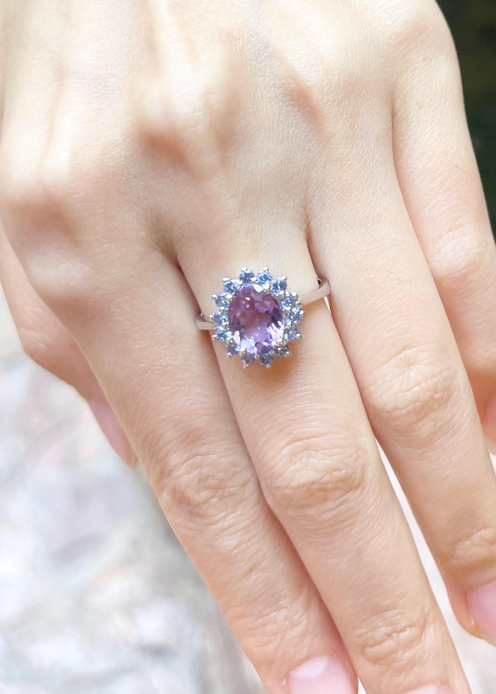 Women's Amethyst with Blue Sapphire Ring set in 14K White Gold Settings For Sale