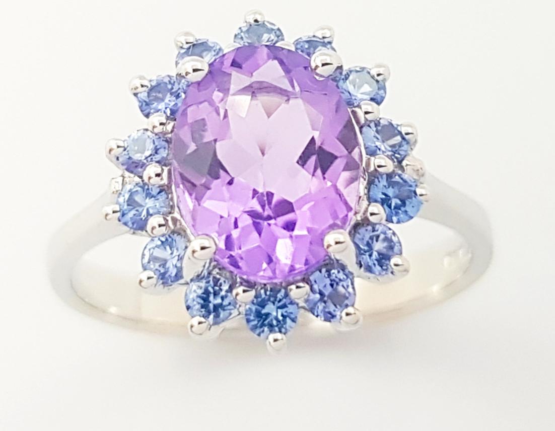 Amethyst with Blue Sapphire Ring set in 14K White Gold Settings For Sale 2
