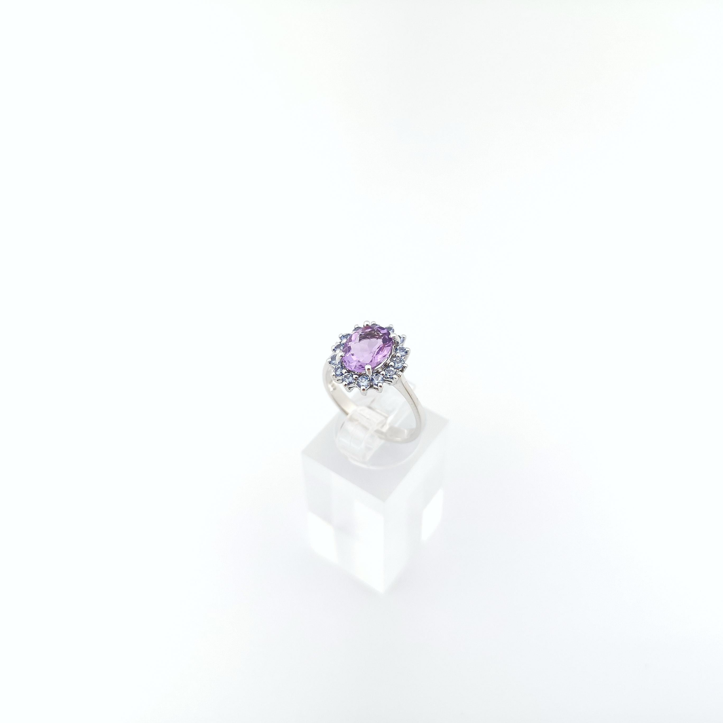 Amethyst with Blue Sapphire Ring set in 14K White Gold Settings For Sale 3