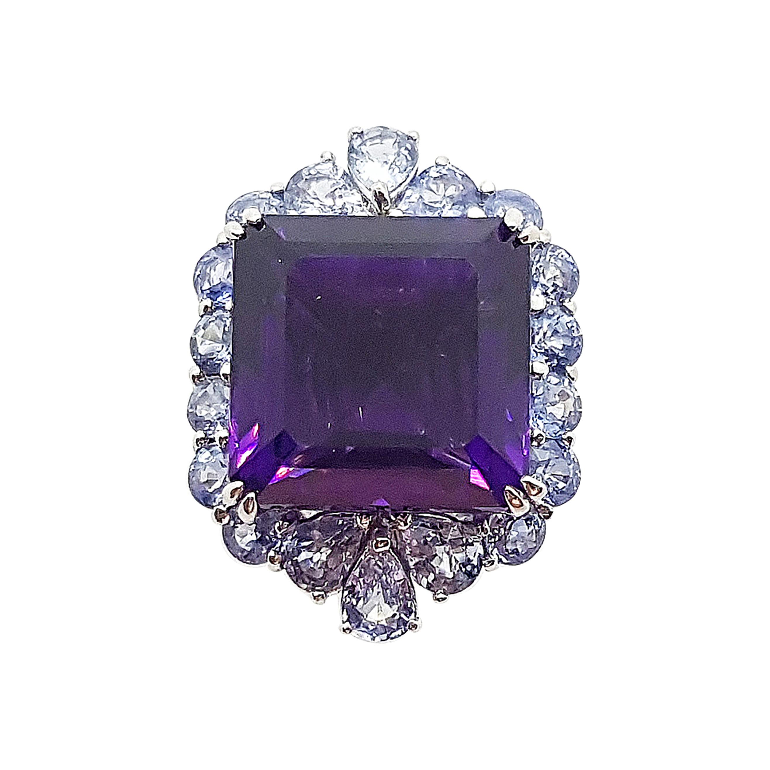 Amethyst with Blue Sapphire Ring Set in 18 Karat White Gold Settings For Sale