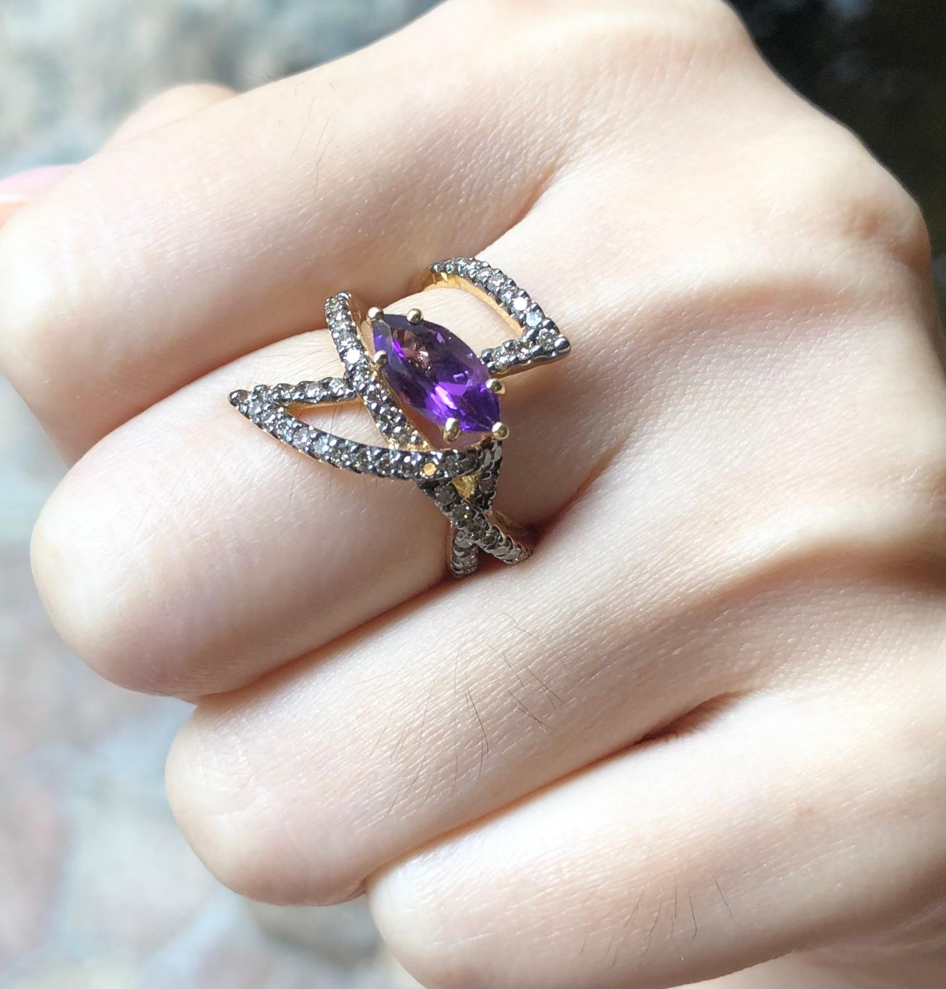 Marquise Cut Amethyst with Brown Diamond Ring Set in 18 Karat Gold by Kavant & Sharart For Sale