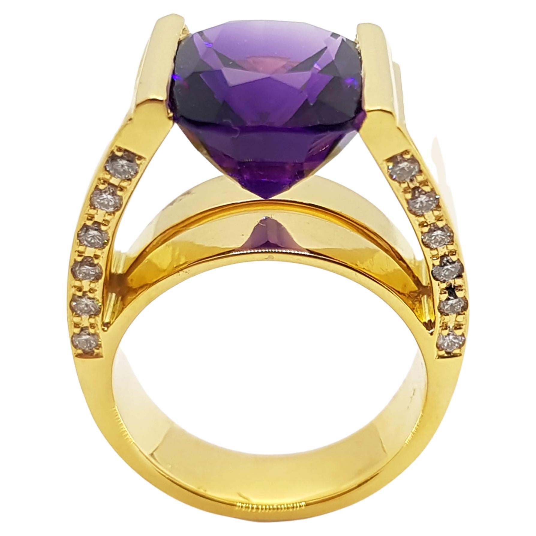 Amethyst with Brown Diamond Ring Set in 18 Karat Gold Settings For Sale