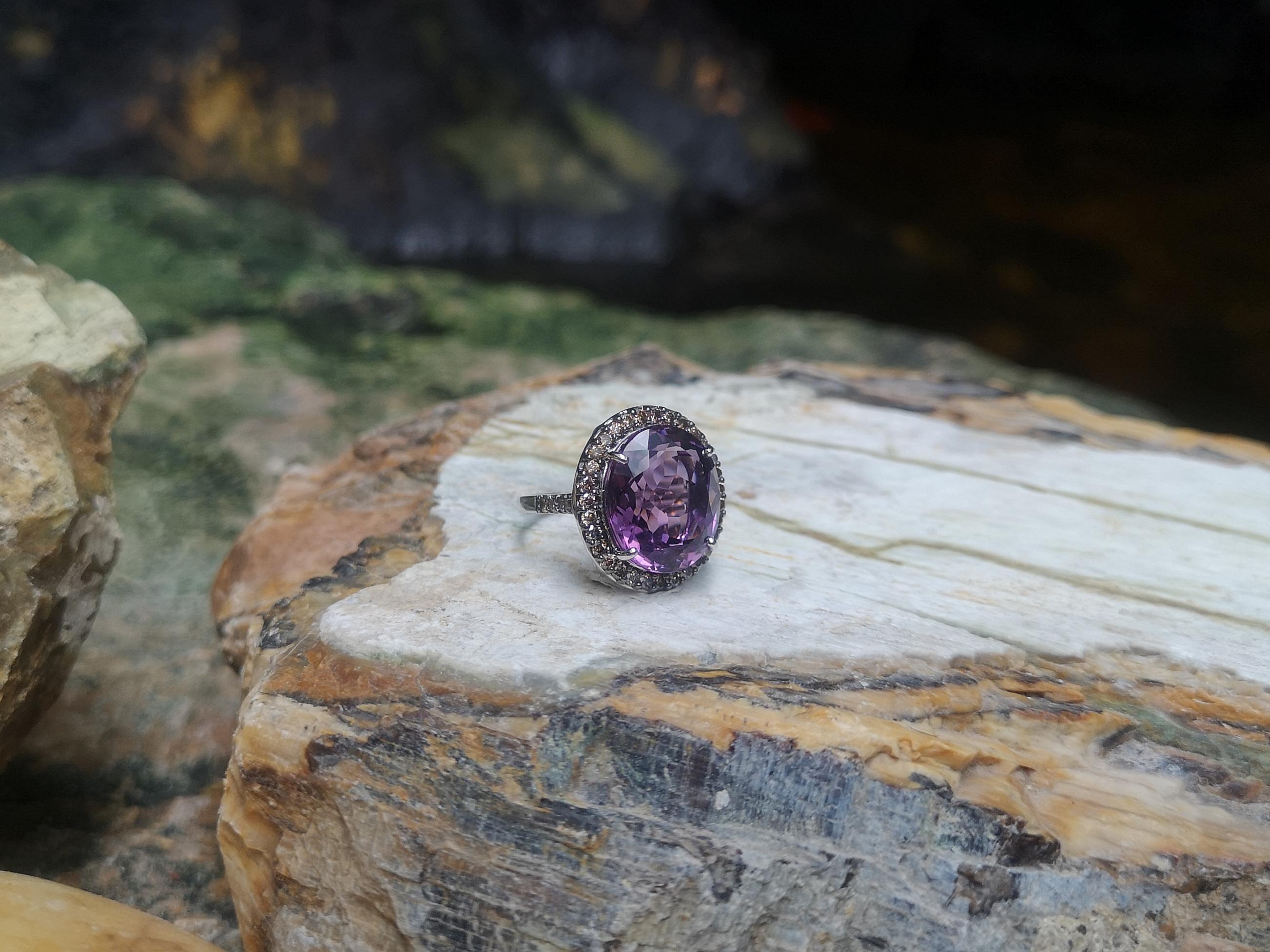 Amethyst with Brown Diamond Ring Set in 18 Karat White Gold Settings For Sale 3