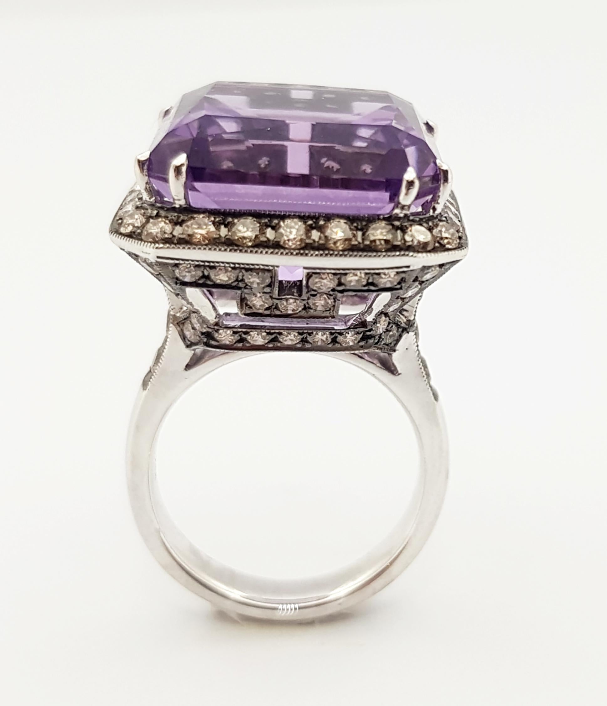 Amethyst with Brown Diamond Ring Set in 18 Karat White Gold Settings For Sale 3