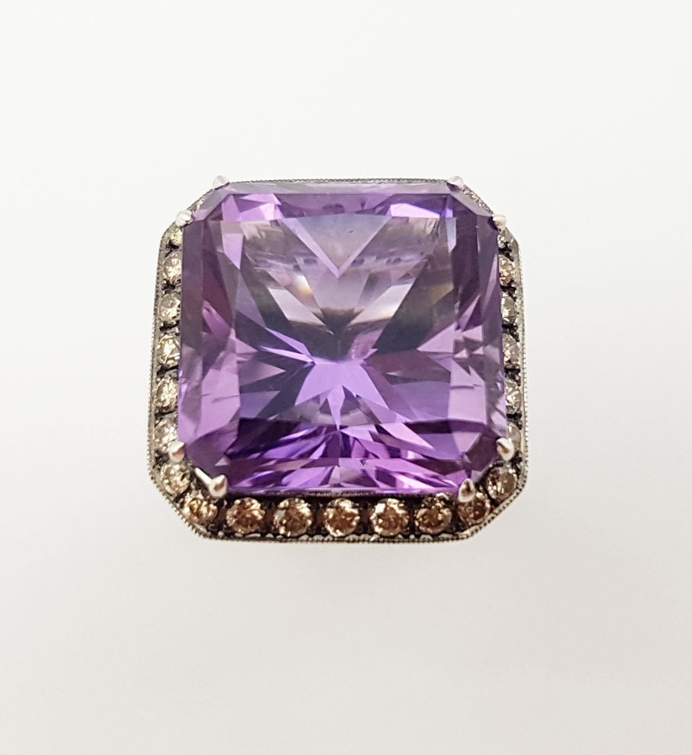 Amethyst with Brown Diamond Ring Set in 18 Karat White Gold Settings For Sale 4