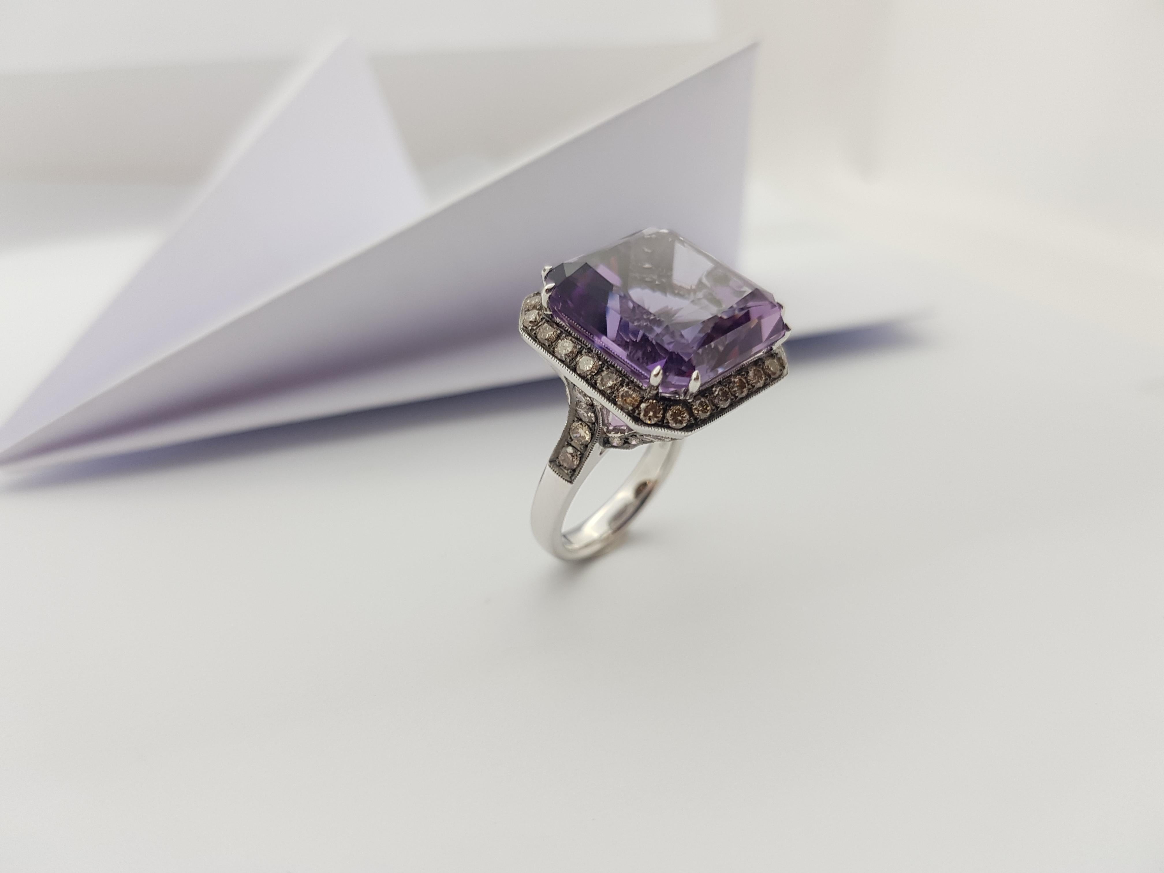 Amethyst with Brown Diamond Ring Set in 18 Karat White Gold Settings For Sale 5