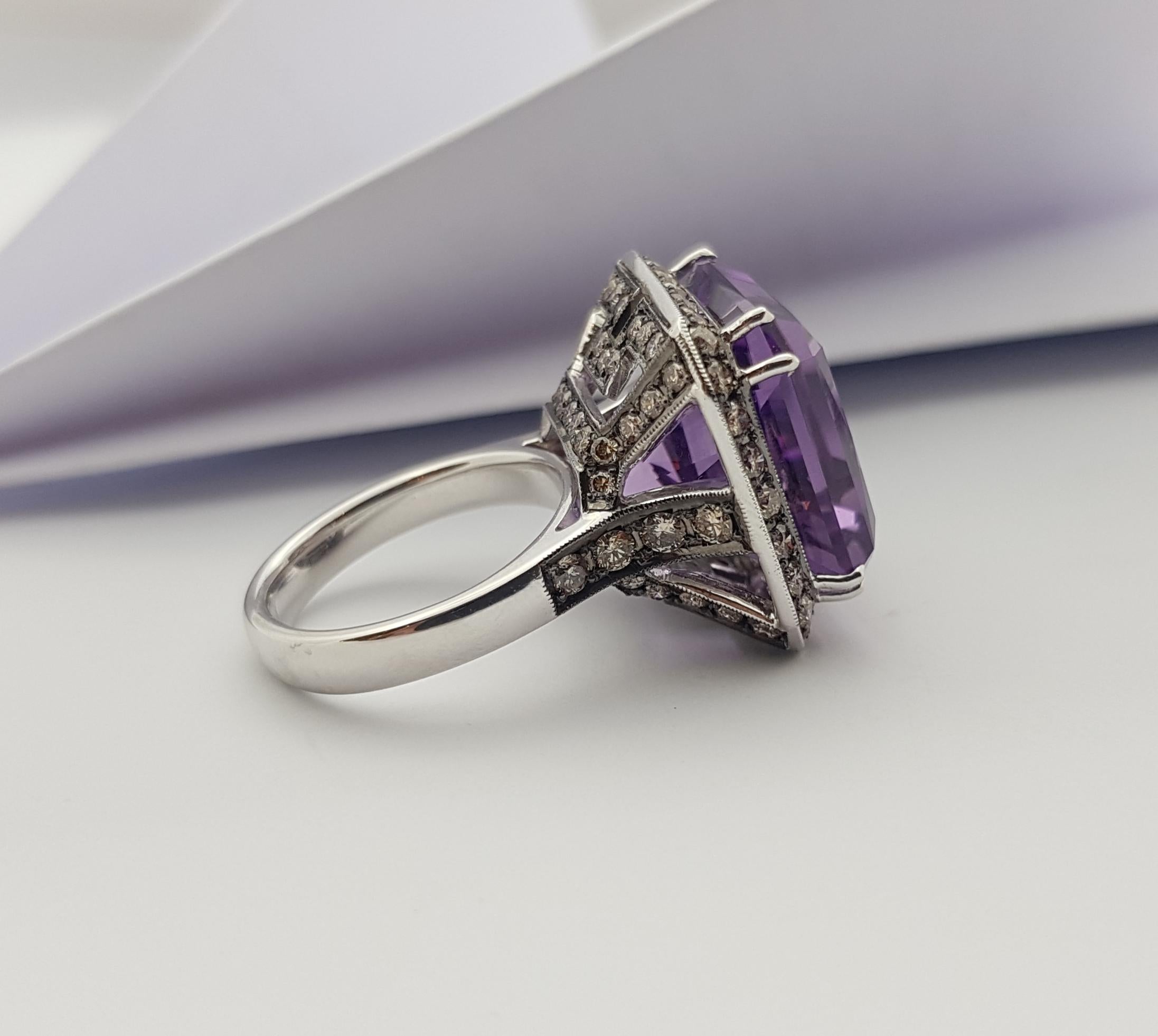 Amethyst with Brown Diamond Ring Set in 18 Karat White Gold Settings For Sale 7
