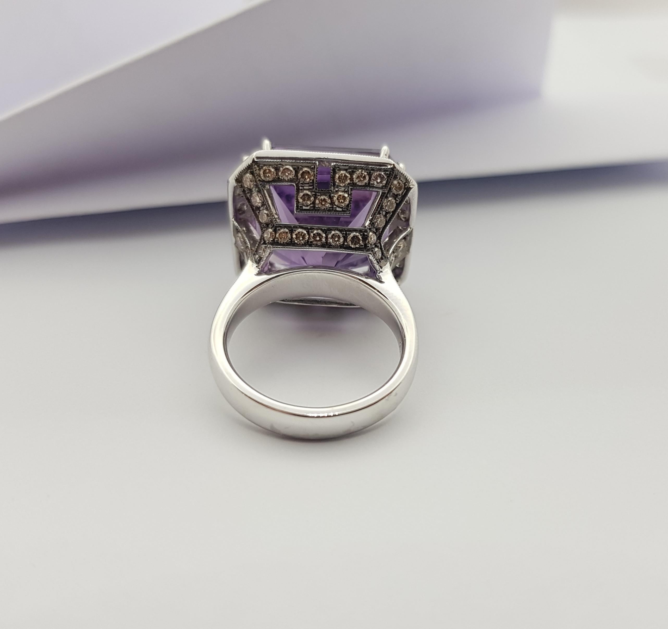 Amethyst with Brown Diamond Ring Set in 18 Karat White Gold Settings For Sale 8