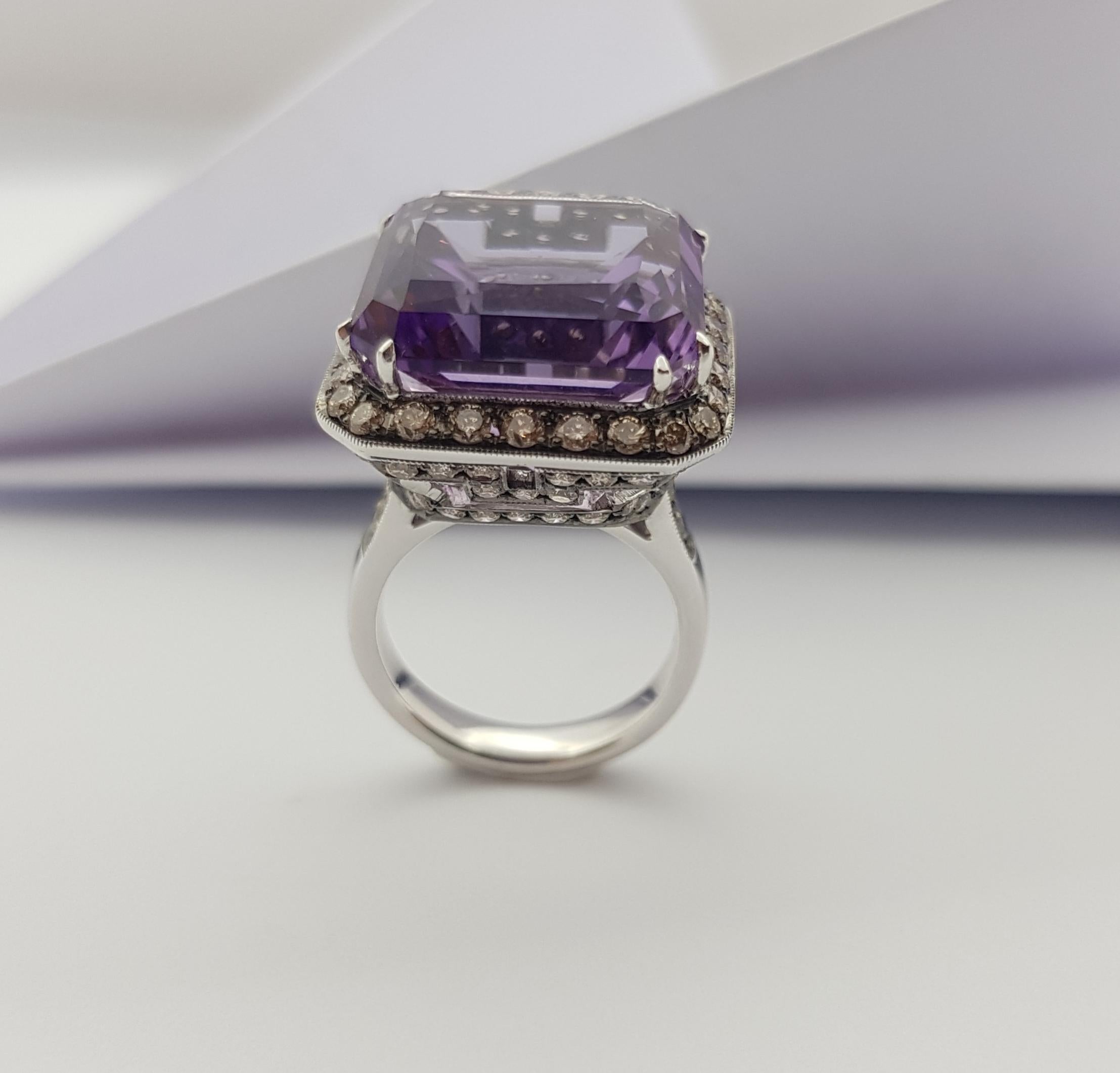 Amethyst with Brown Diamond Ring Set in 18 Karat White Gold Settings For Sale 9
