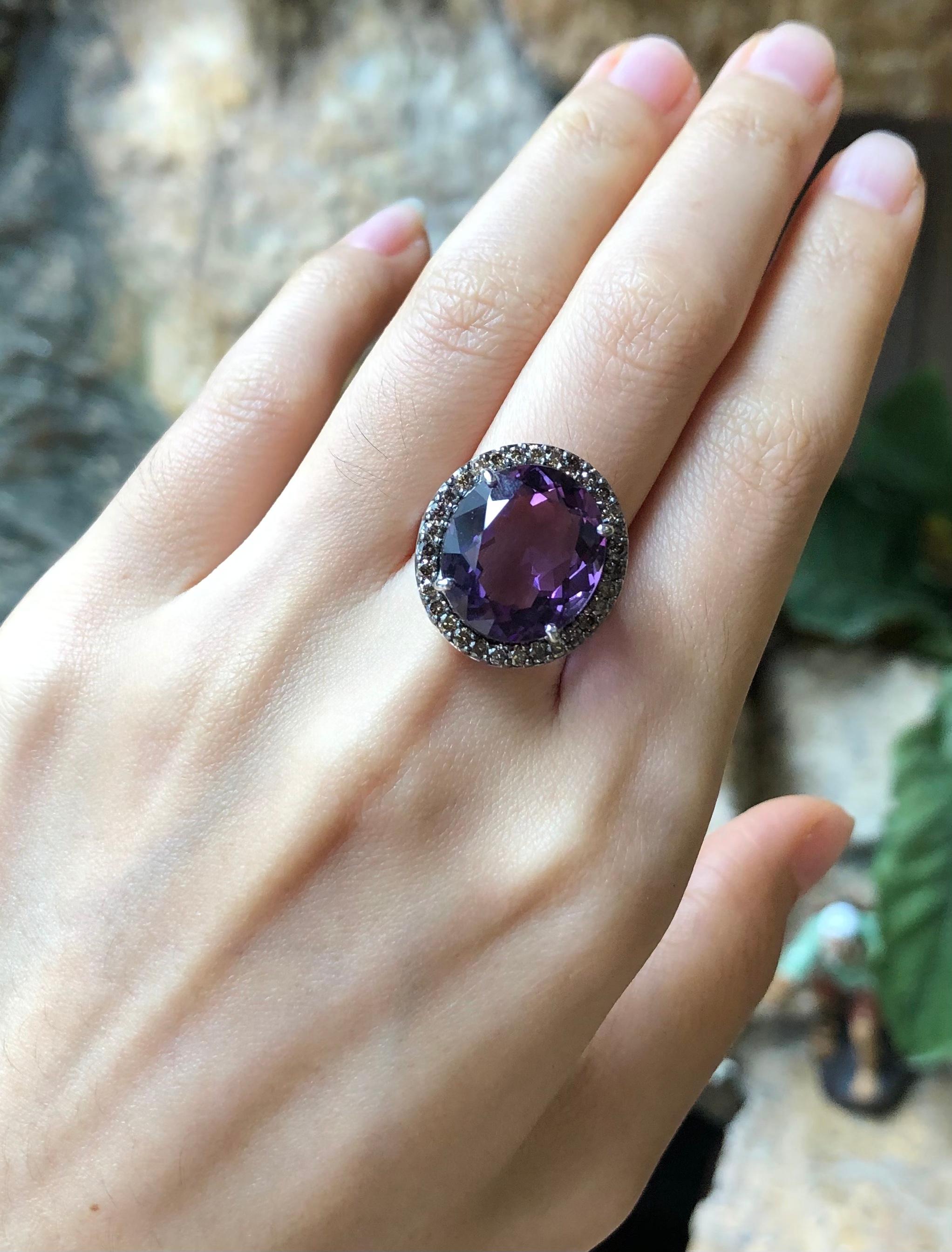 Contemporary Amethyst with Brown Diamond Ring Set in 18 Karat White Gold Settings For Sale
