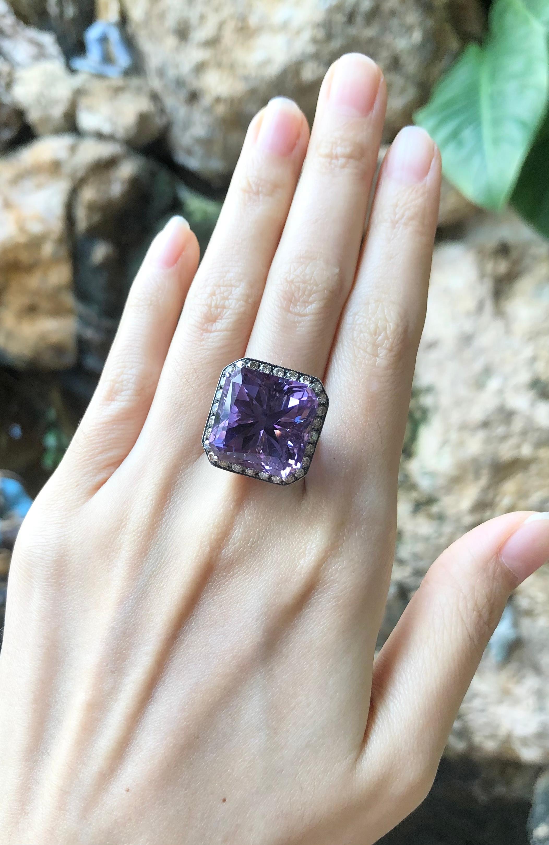 Contemporary Amethyst with Brown Diamond Ring Set in 18 Karat White Gold Settings For Sale