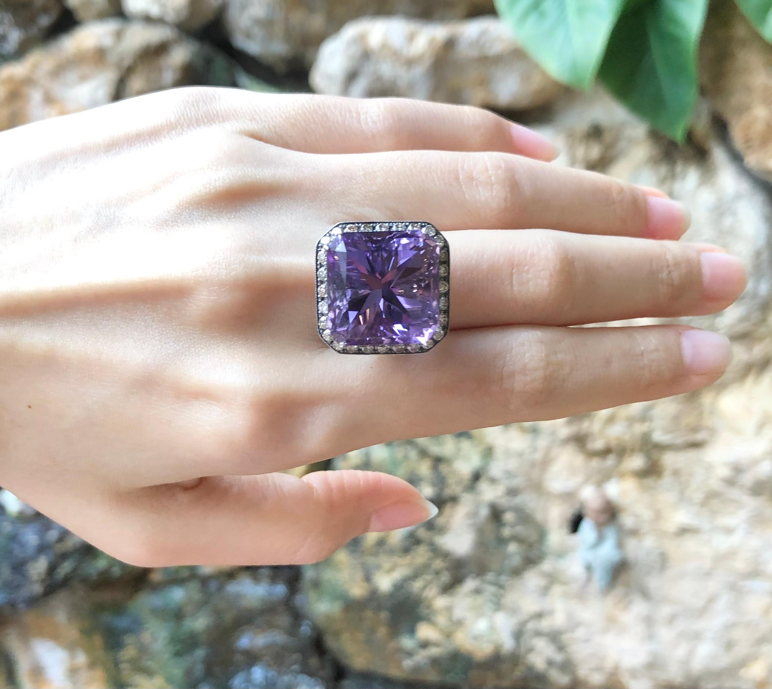 Cushion Cut Amethyst with Brown Diamond Ring Set in 18 Karat White Gold Settings For Sale