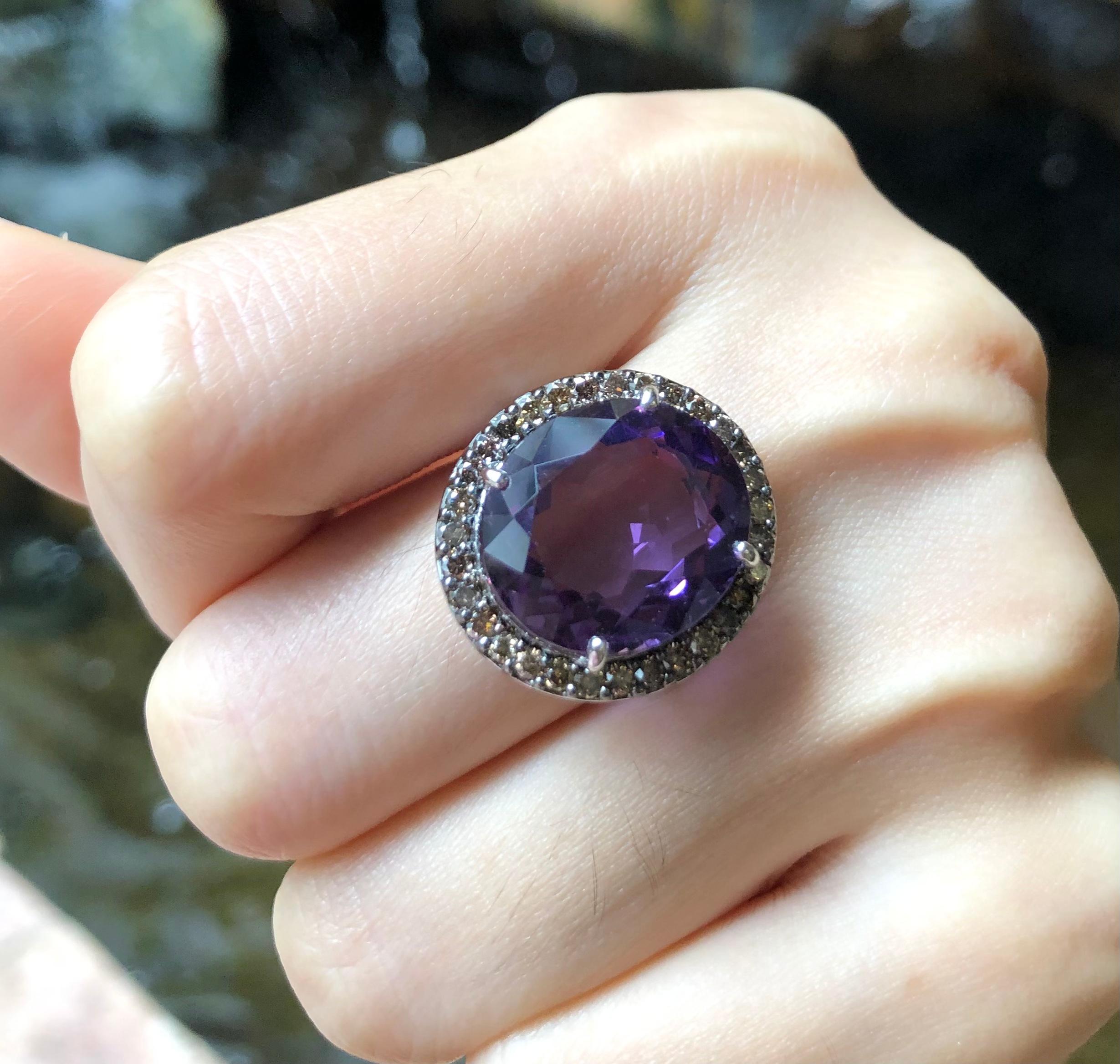 Amethyst with Brown Diamond Ring Set in 18 Karat White Gold Settings In New Condition For Sale In Bangkok, TH