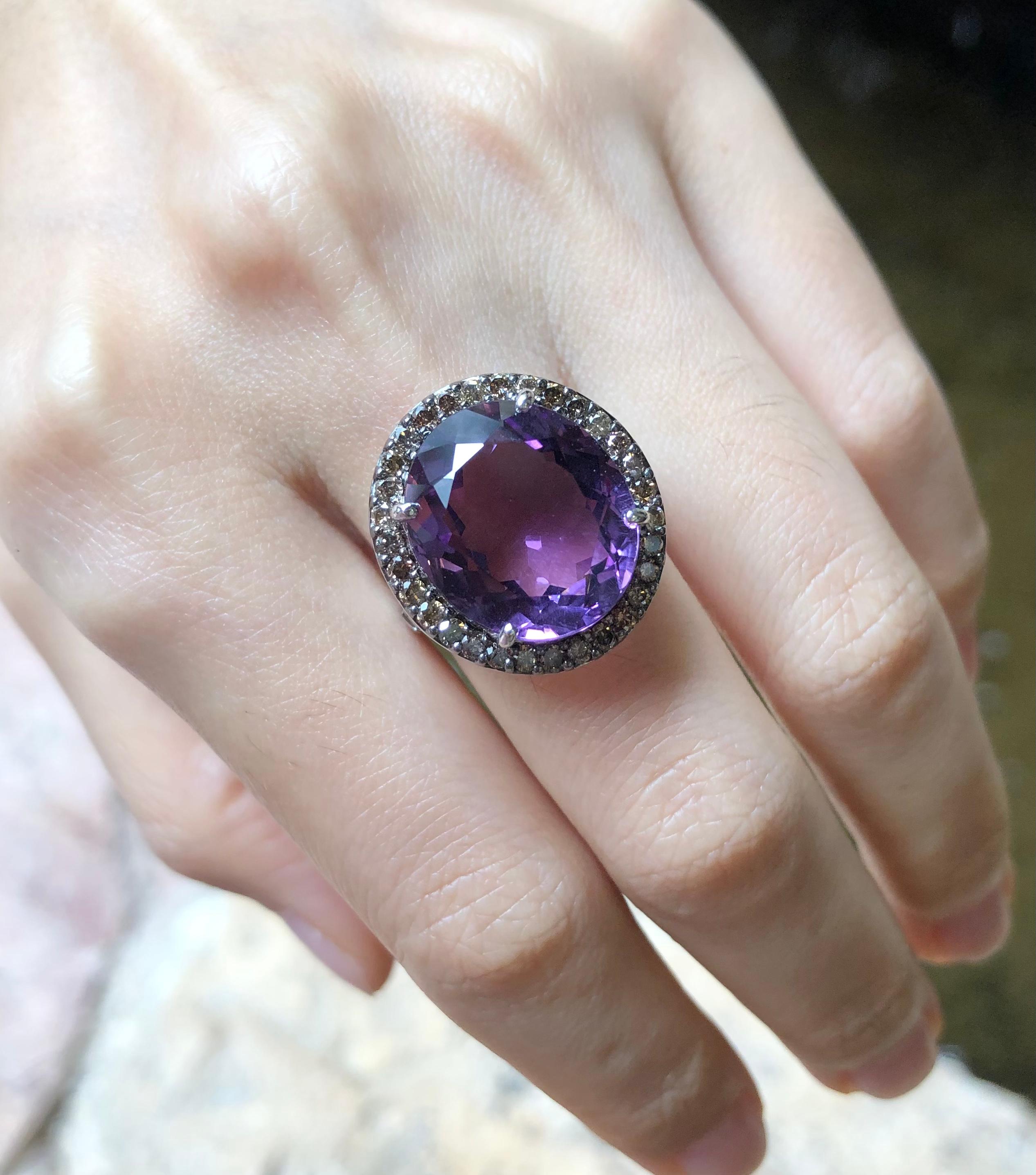 Women's Amethyst with Brown Diamond Ring Set in 18 Karat White Gold Settings For Sale