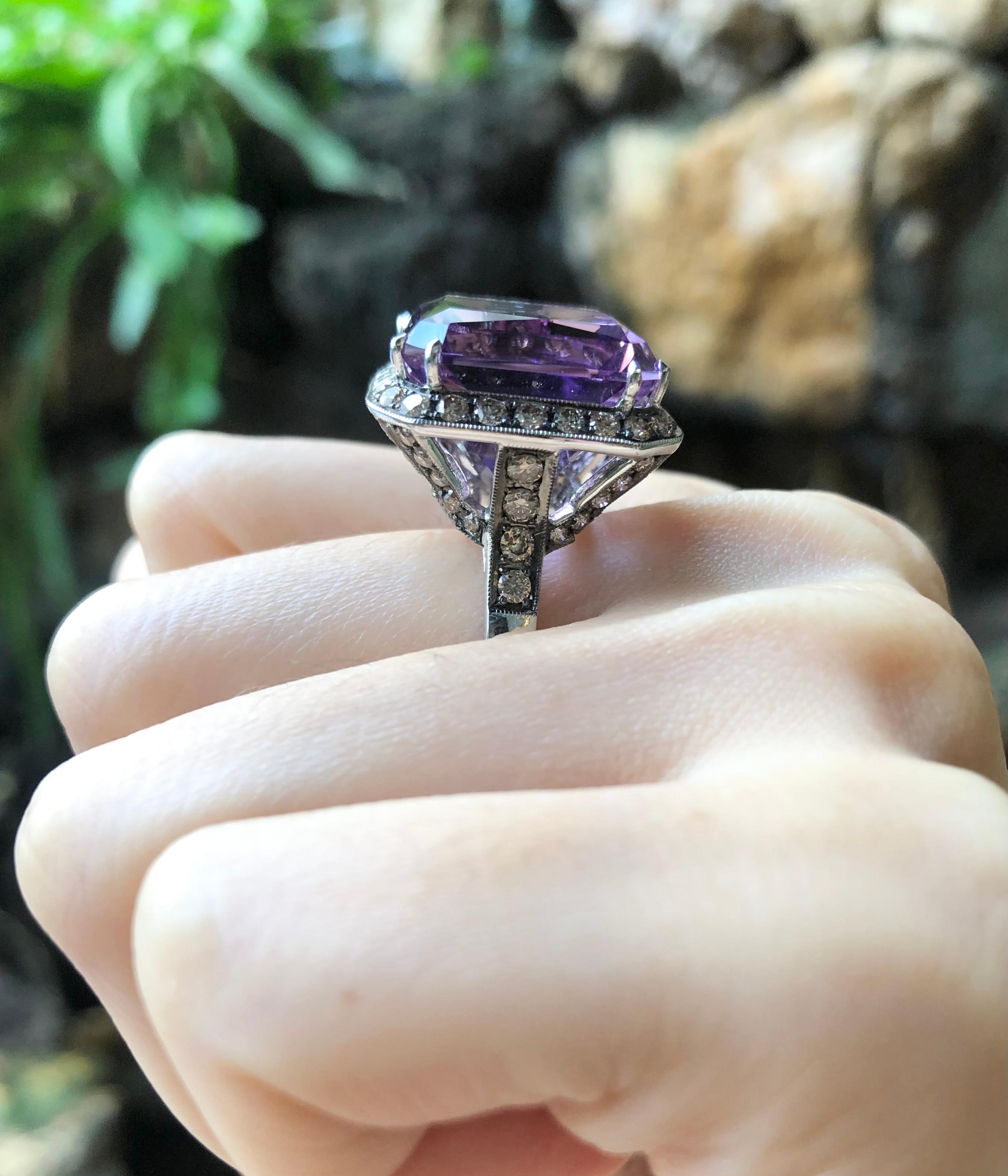 Amethyst with Brown Diamond Ring Set in 18 Karat White Gold Settings For Sale 1