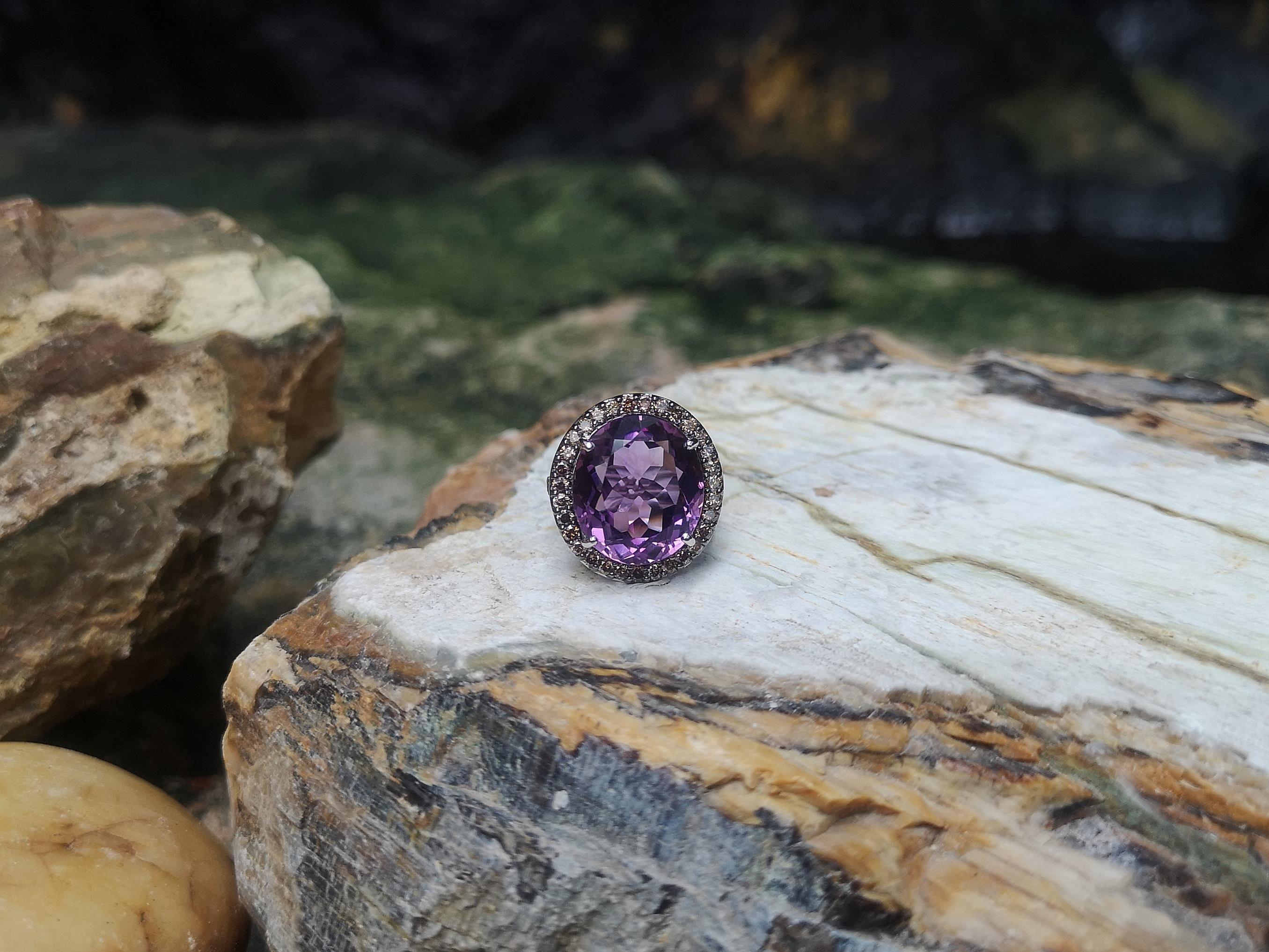 Amethyst with Brown Diamond Ring Set in 18 Karat White Gold Settings For Sale 2