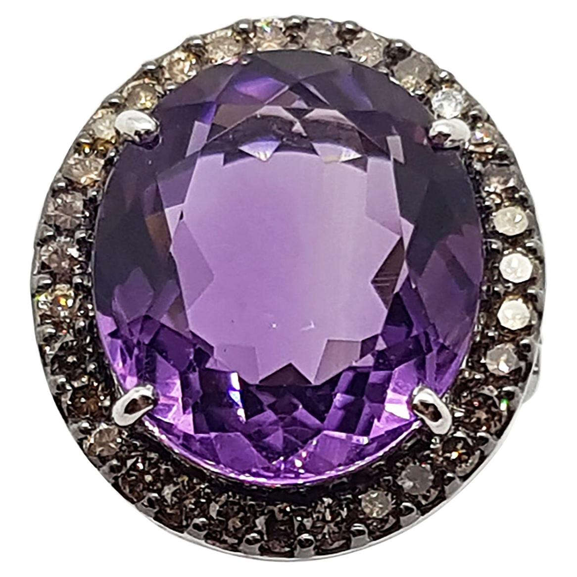 Amethyst with Brown Diamond Ring Set in 18 Karat White Gold Settings