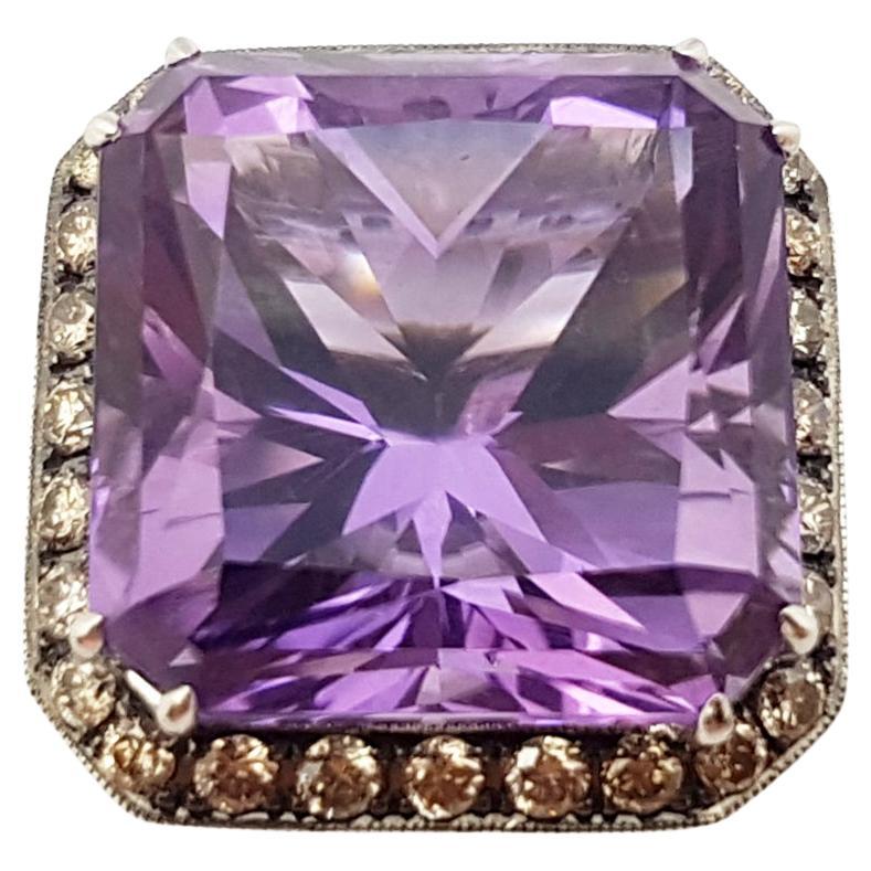 Amethyst with Brown Diamond Ring Set in 18 Karat White Gold Settings For Sale