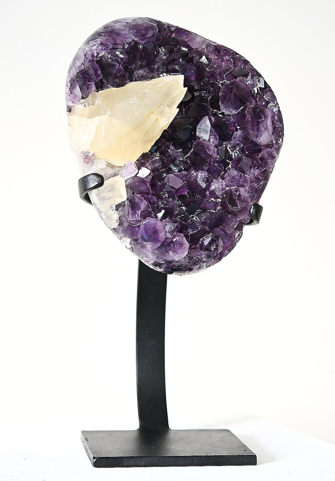 Amethyst with Calcite Geode Natural Specimen, 8.8 LBS on Stand In Good Condition In Miami, FL