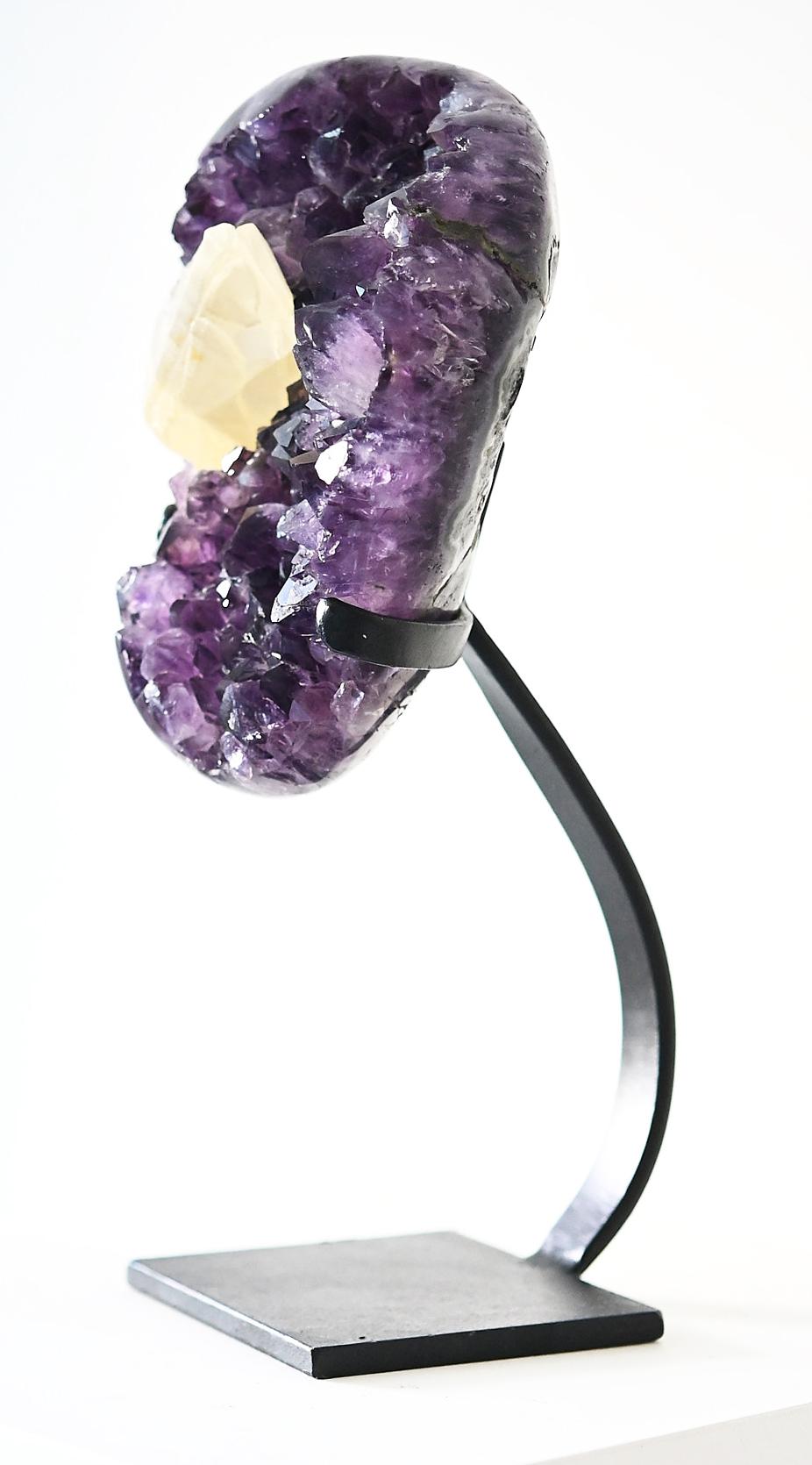 Metal Amethyst with Calcite Geode Natural Specimen, 8.8 LBS on Stand