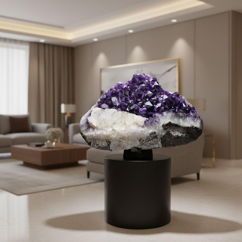 Metallo Ametista con calcite su supporto in vendita