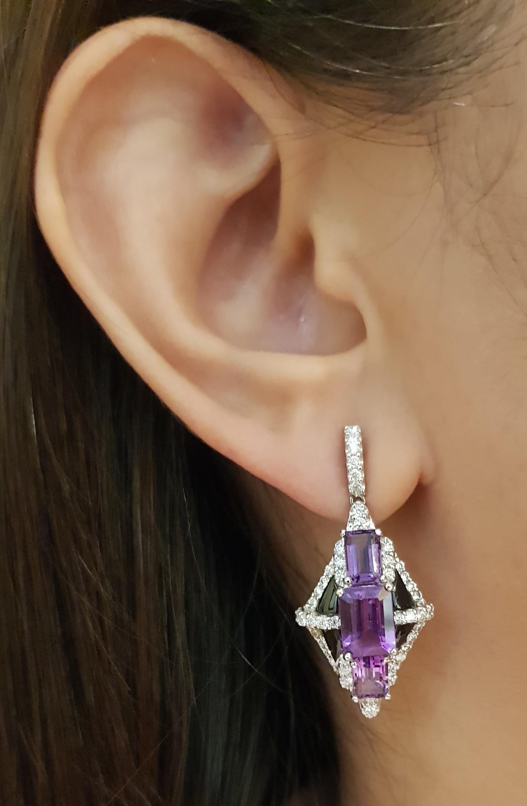 Amethyst 5.81 carats with Diamond 1.06 carats and Onyx Earrings set in 18 Karat White Gold Settings

Width:  1.7 cm 
Length:  3.5 cm
Total Weight: 11.87 grams

