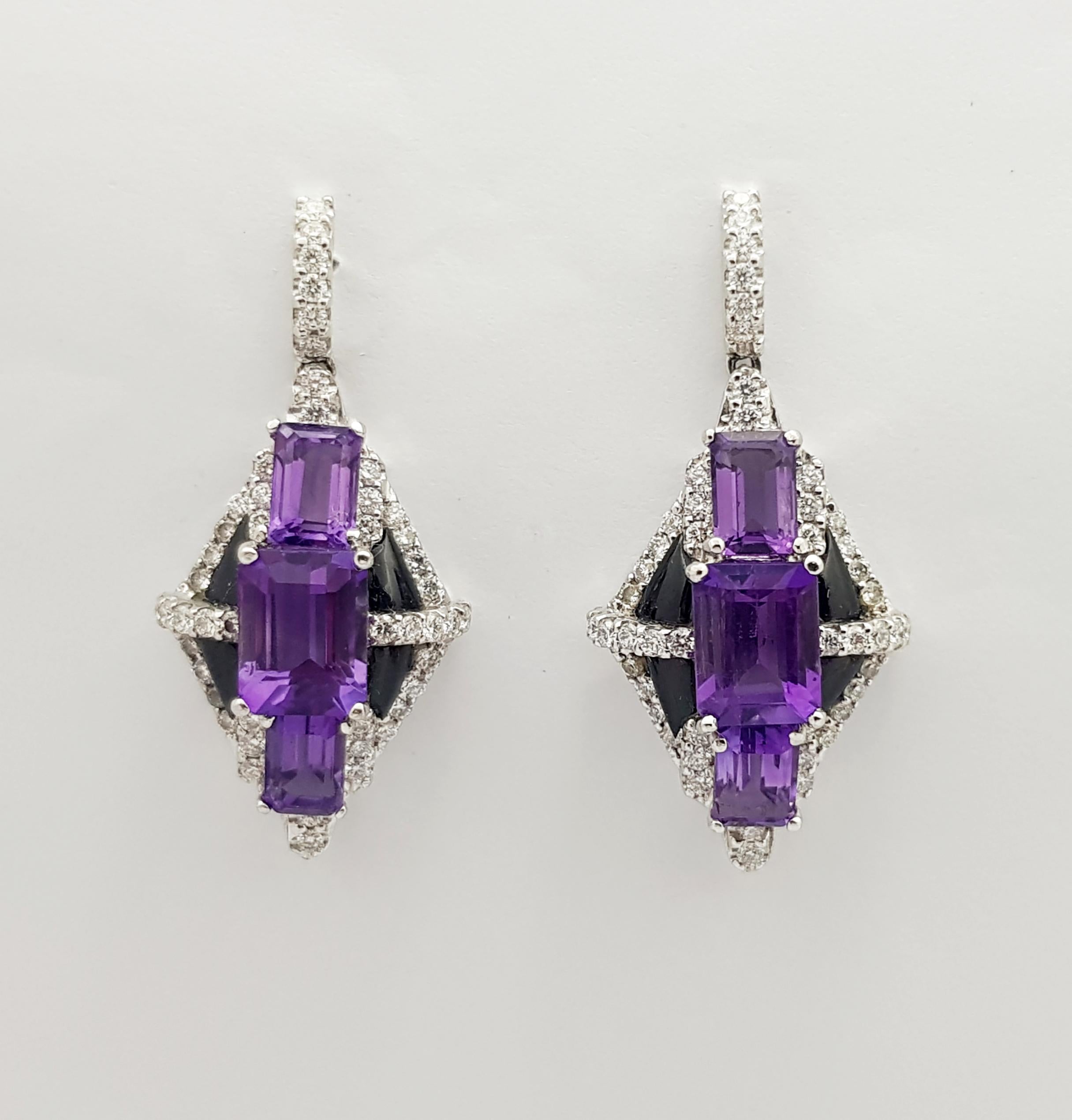 Art Deco Amethyst with Diamond and Onyx Earrings Set in 18 Karat White Gold Settings For Sale