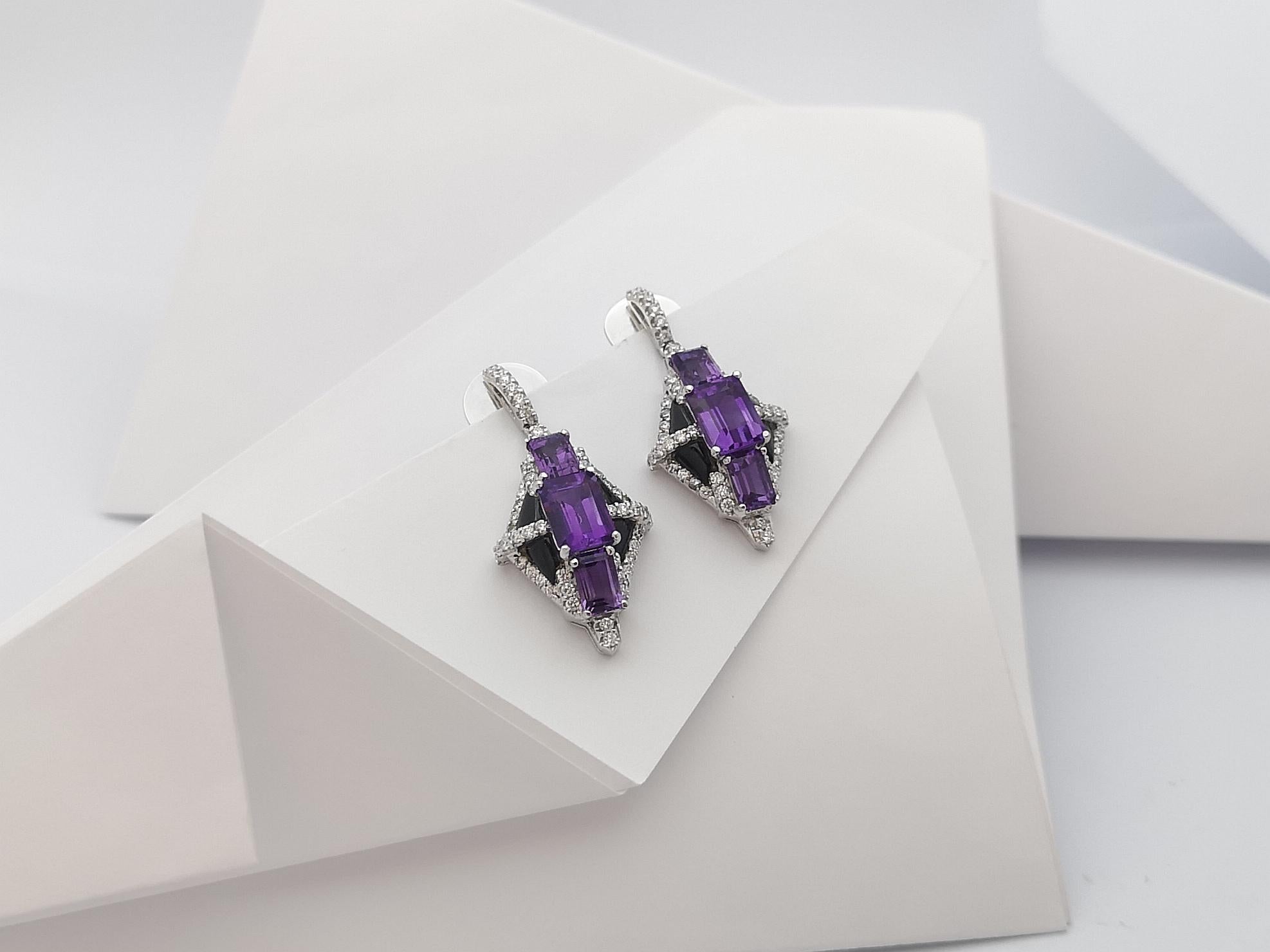 Mixed Cut Amethyst with Diamond and Onyx Earrings Set in 18 Karat White Gold Settings For Sale