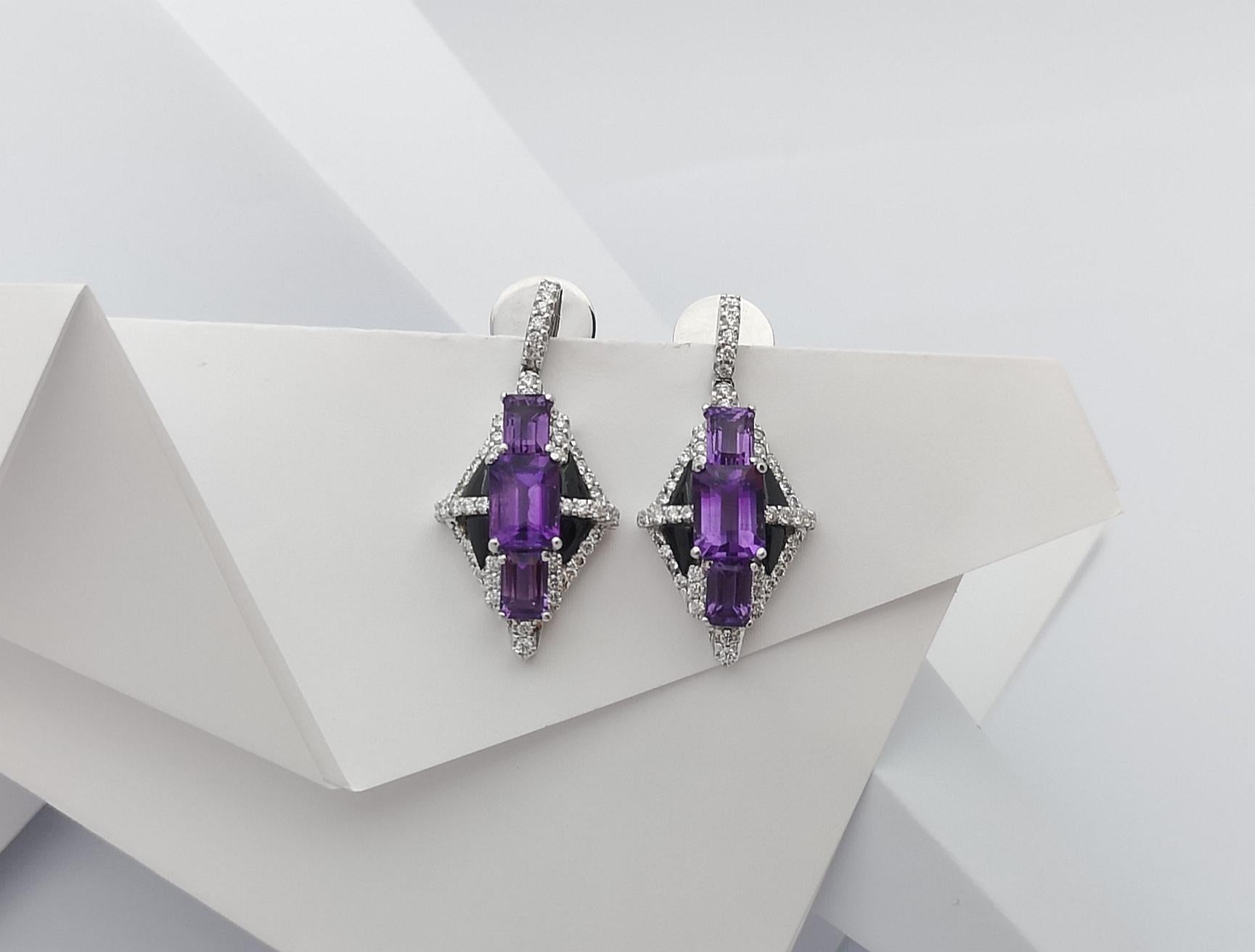 Women's Amethyst with Diamond and Onyx Earrings Set in 18 Karat White Gold Settings For Sale