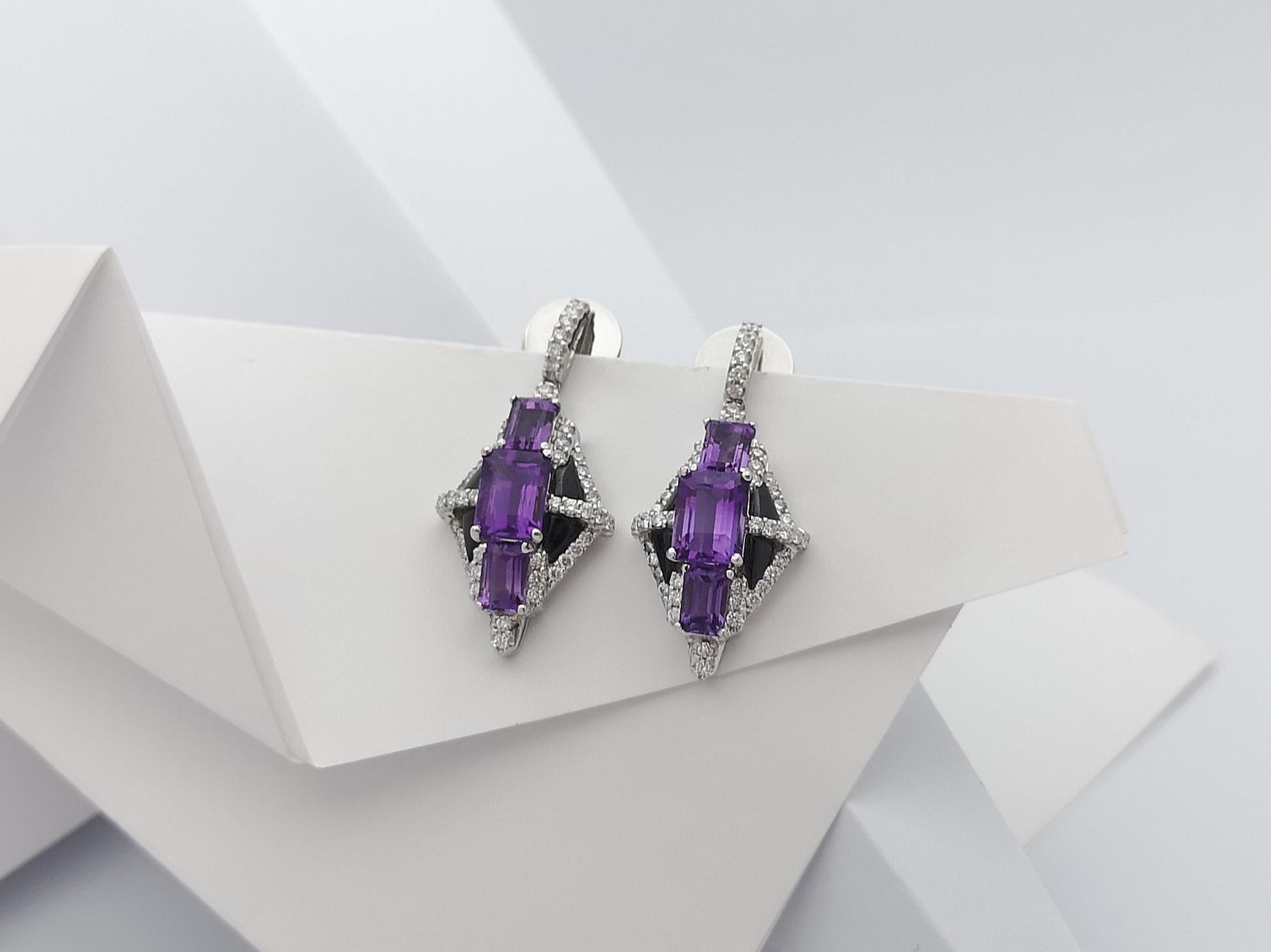 Amethyst with Diamond and Onyx Earrings Set in 18 Karat White Gold Settings For Sale 1