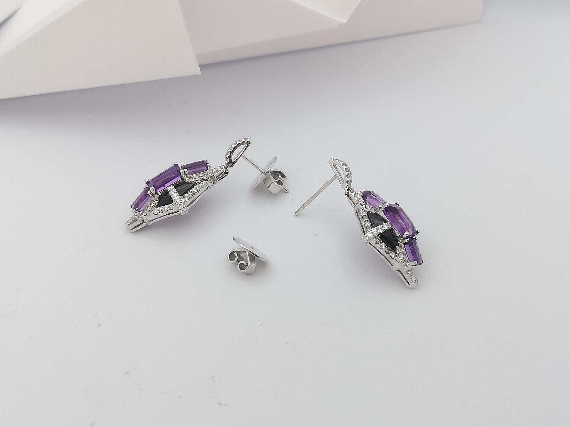 Amethyst with Diamond and Onyx Earrings Set in 18 Karat White Gold Settings For Sale 2